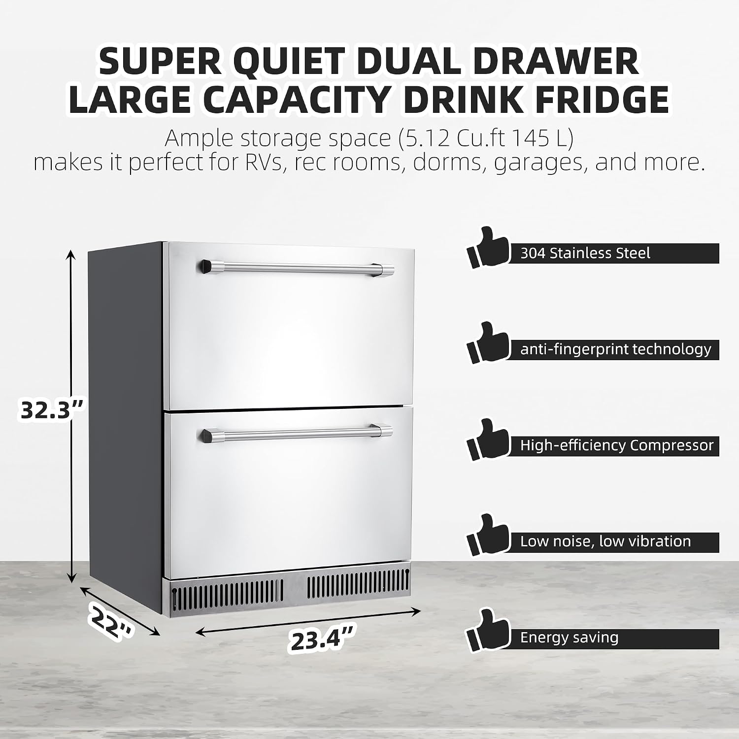 Garvee 24 in Outdoor Drawer Fridge, Counter Double Drawer Beverage Refrigerator, 5.2 Cu.Ft. Weather Proof Stainless Steel Built-in Fridge for Residential Commercial Use Black