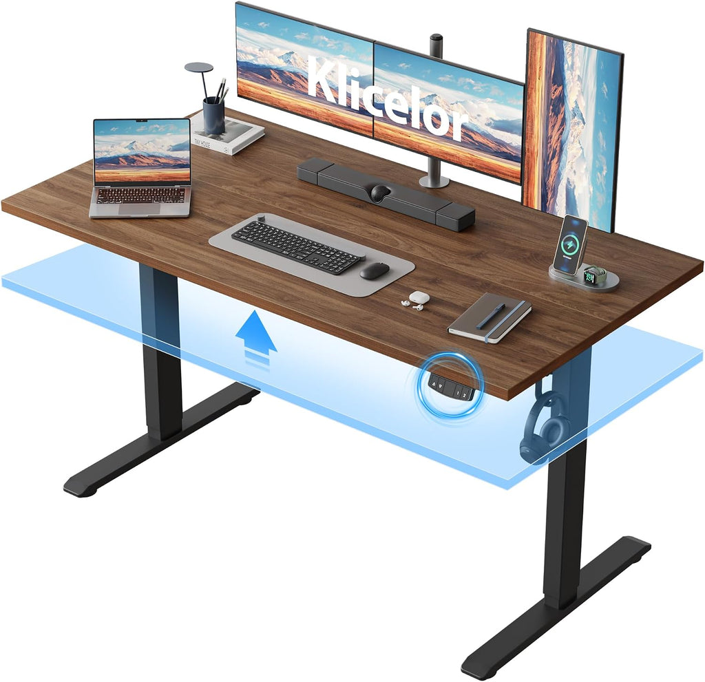 Klicelor 55 Inch Large Electric Standing Desk, Height Adjustable Office Desk, Sit Stand Up Computer Gaming Desk with Memory Preset, Two-Piece Desktop, Dark Walnut