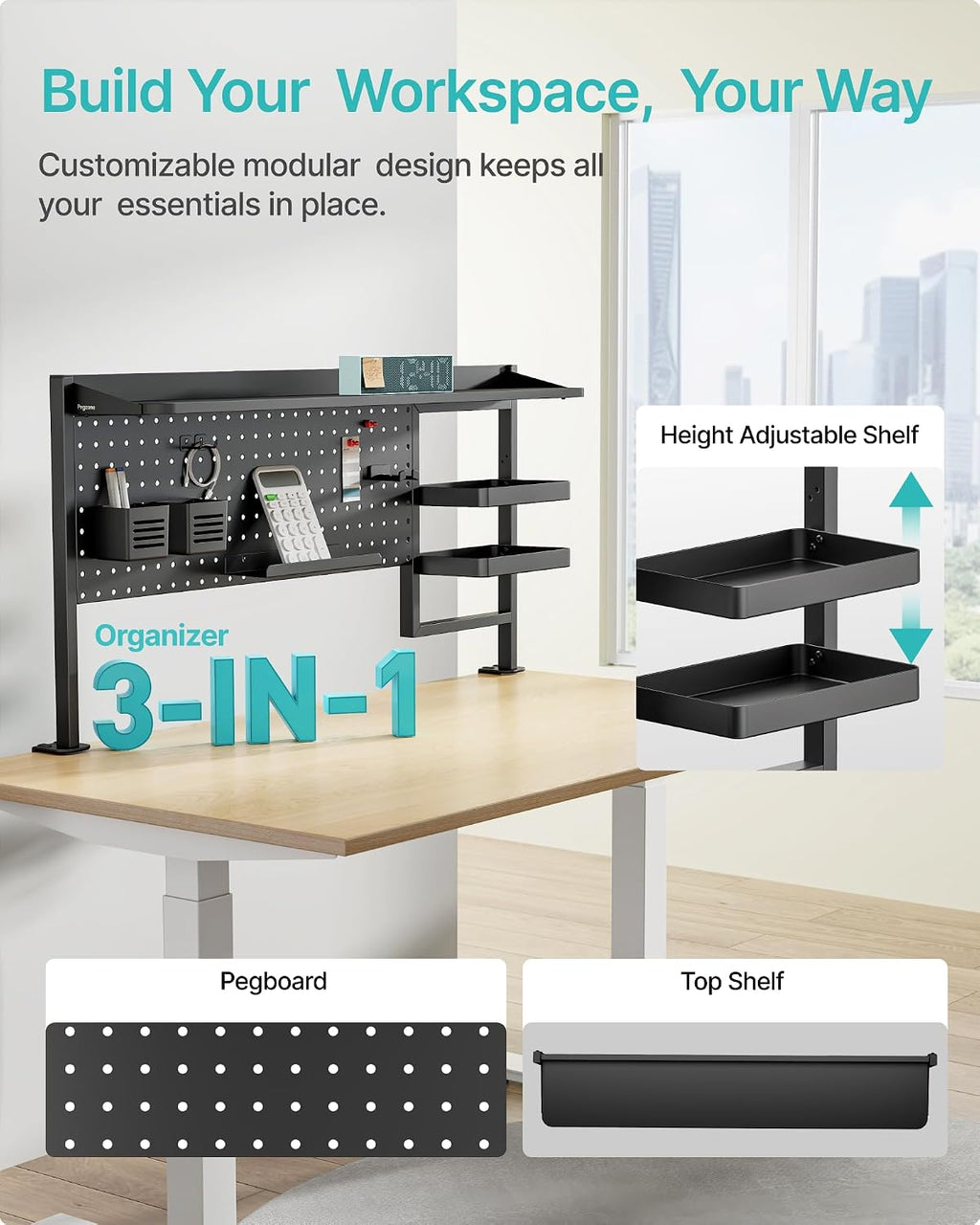PEGZONE Clamp on Desk Shelf, 44' Desktop Shelving System with Pegboard and Accessories, Desktop Organizer with 2-Tier Shelf, Desk Pegboard for Office Home Gaming, Black