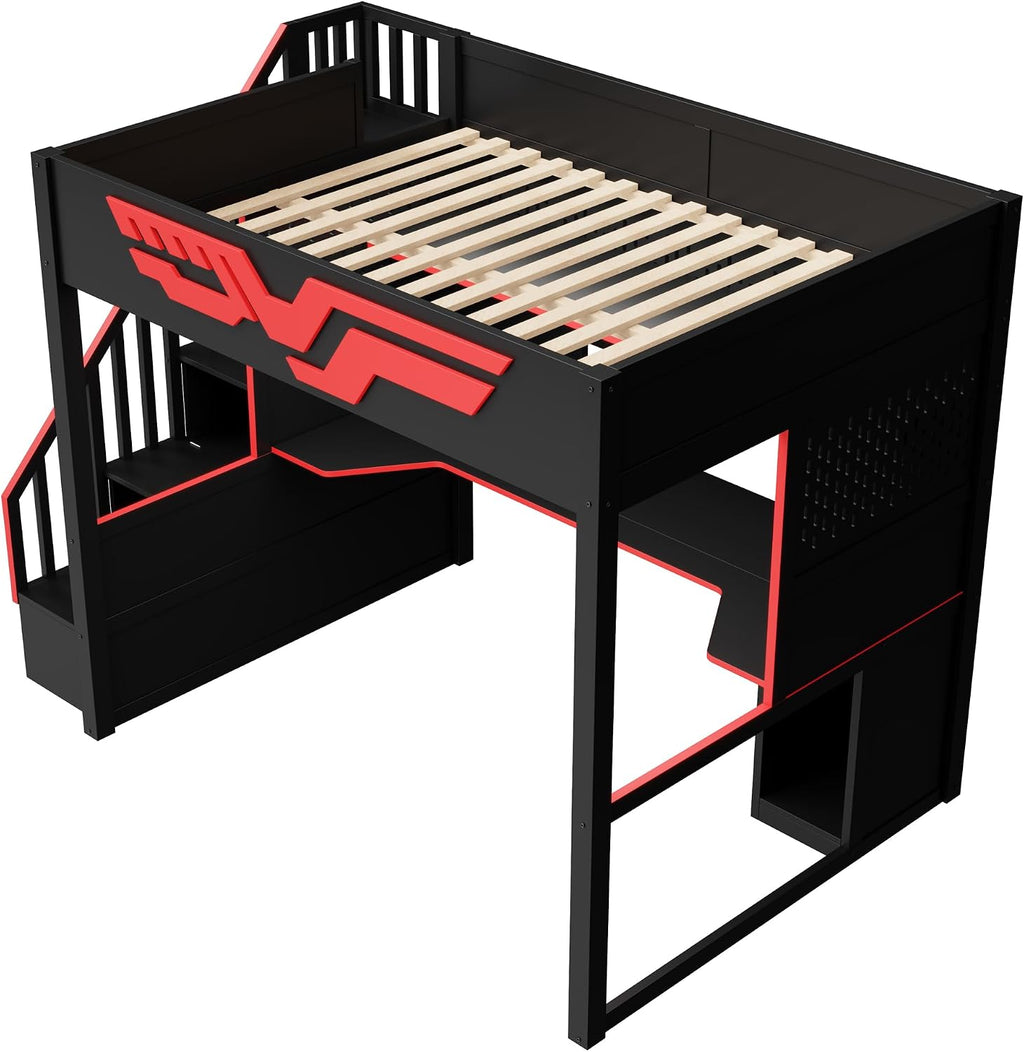 Merax Full Szie Gaming Loft Bed with Desk and Storage Staircase,LED Lights and USB, Red+Black