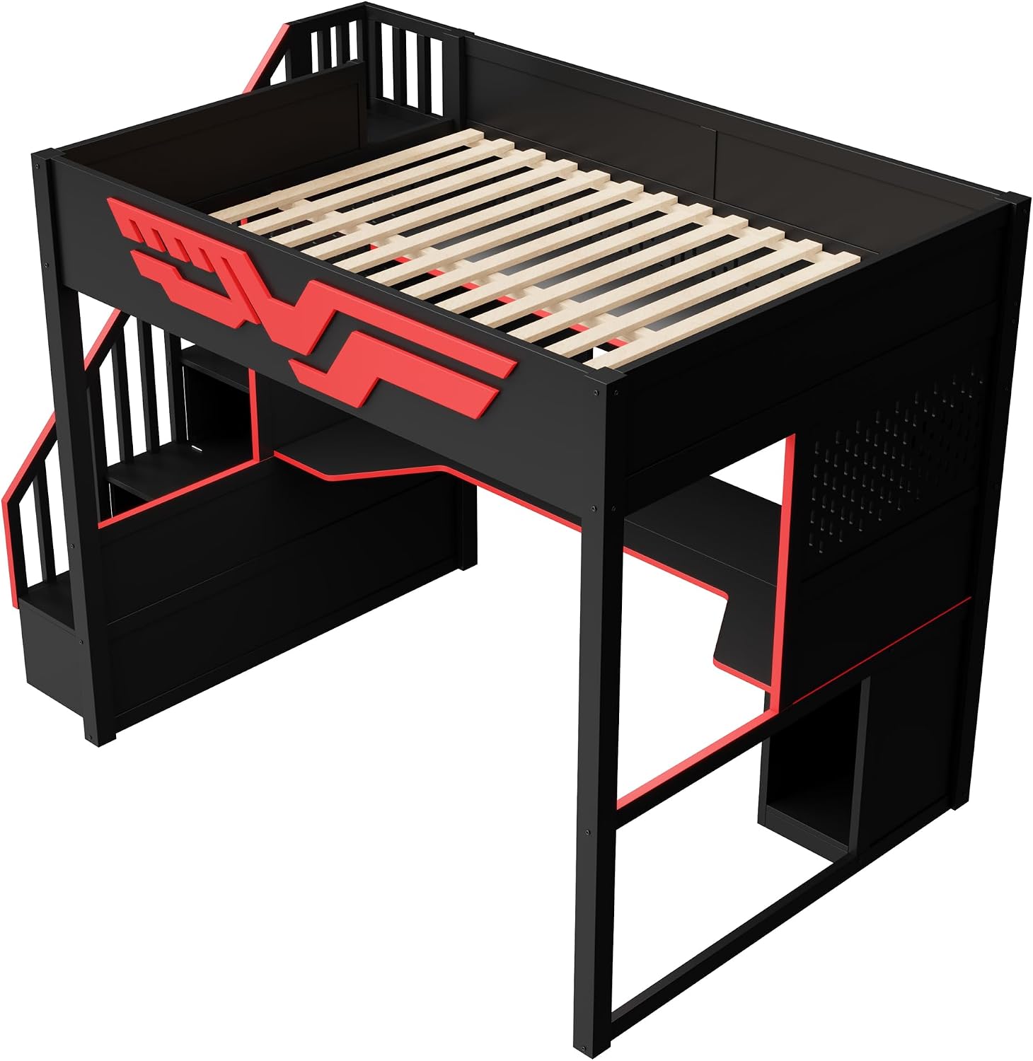 Merax Full Szie Gaming Loft Bed with Desk and Storage Staircase,LED Lights and USB, Red+Black
