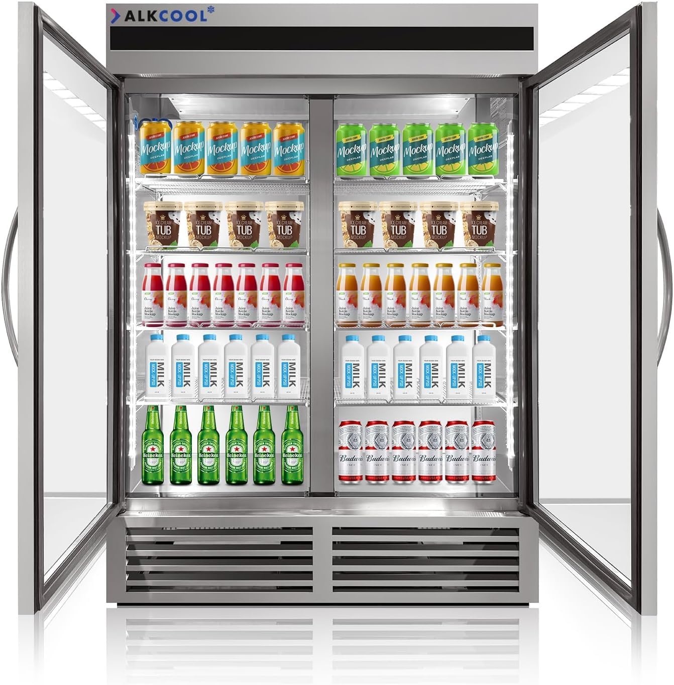 Commercial Stainless Steel Beverage Refrigerator Display Fridge,Two Glass DoorMerchandiser Drink Cooler with LED Light Adjustable Shelves,46 Cu Ft,ETL Sanitation,(Wheels Included)