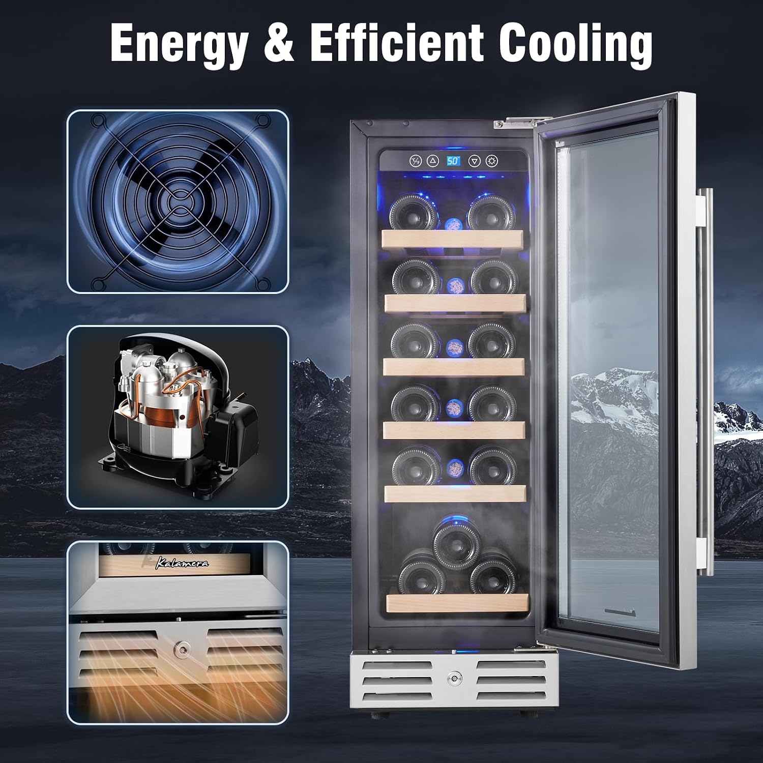 Kalamera Mini Fridge 18 Bottle - 12 inch Wine Cooler Refrigerator, Built-in or Freestanding, with Stainless Steel & Double-Layer Tempered Glass Door, and Temperature Memory Function Wine Fridge