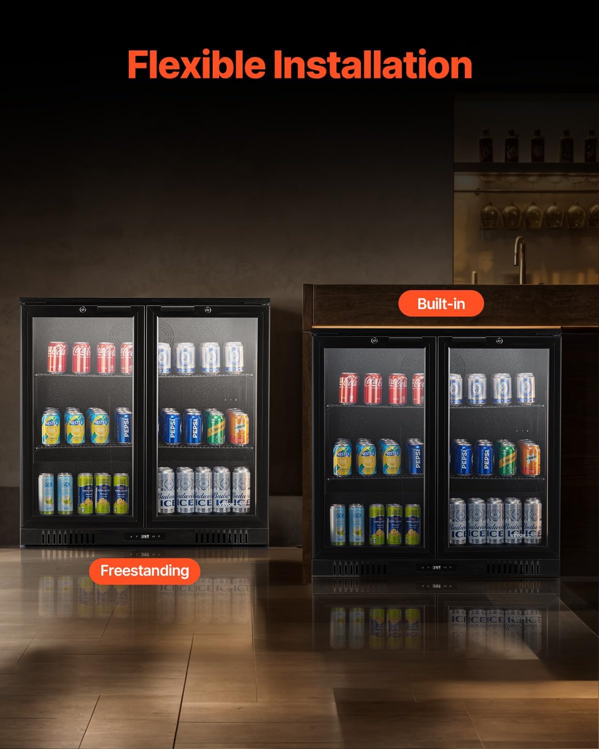 VEVOR Beverage Refrigerator Cooler, 246 Can Beverage Fridge, Soda Beer Fridge with Glass Doors, Adjustable Shelves, Digital Temperature Control, Built-in or Freestanding Fridge for Restaurant & Bar