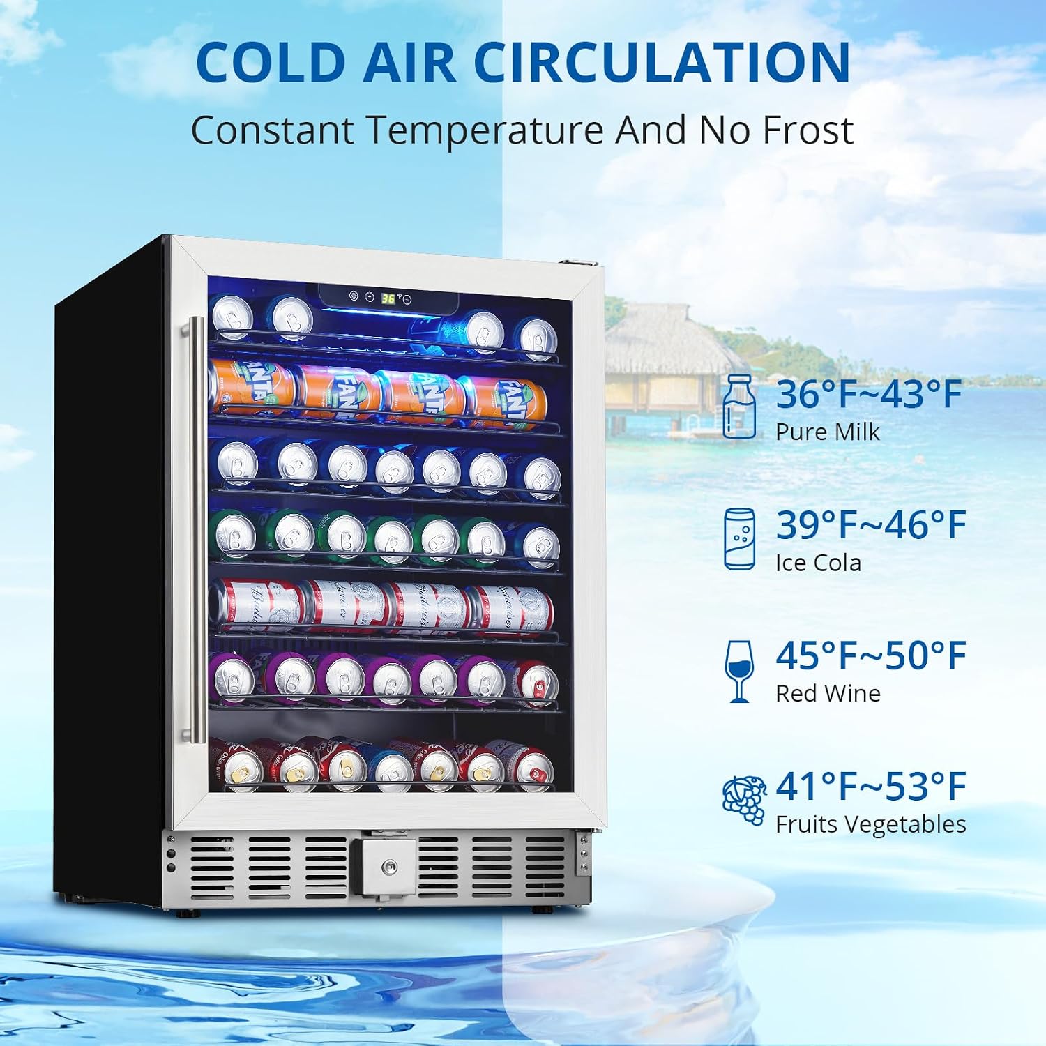 GarveeHome 24 in Beverage Refrigerator, 5.1 Cu.Ft Beverage Fridge, 166 Cans Capacity Drink Fridge with 36～60°F Adjustable Digital Temperature Control Compressor and Safety Lock