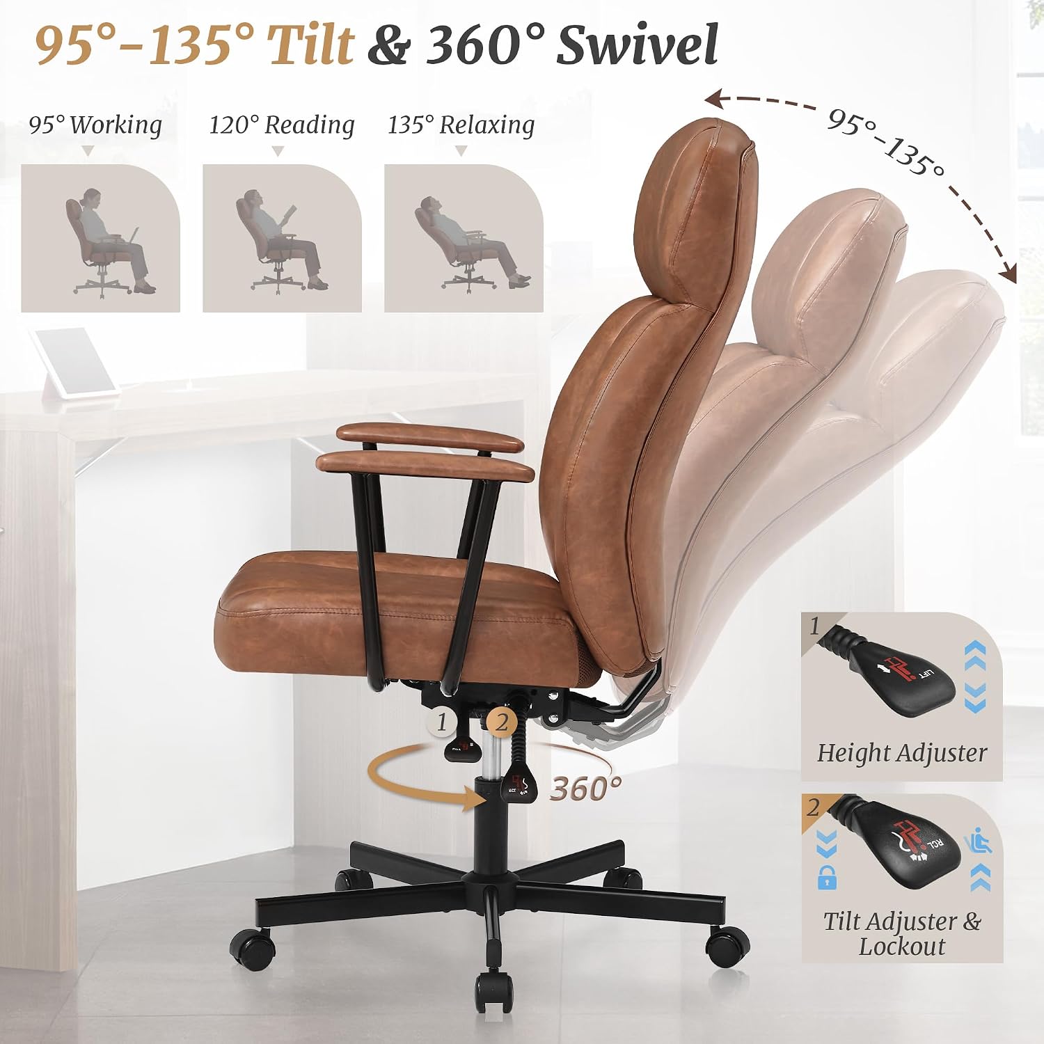 Cozyman Ergonomic PU Leather Home Office Chair, High Back Executive Desk Chair with 5-Layer Cushion, 95-135° Reclining Back, Lumbar Support, Adjustable Height, 360° Swivel for Home Office Task, Brown