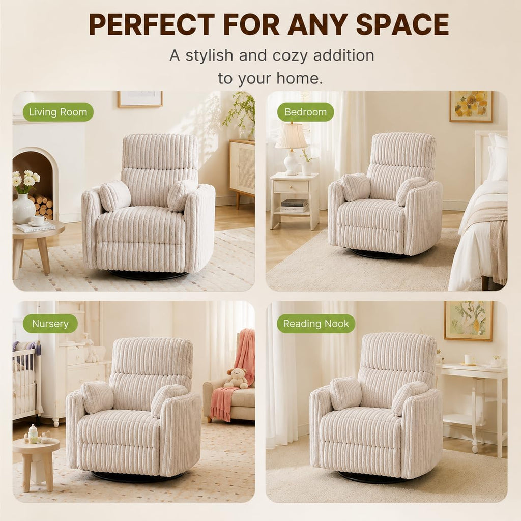 Power Nursery Rocking Chair Swivel Glider Reclining Chair with 2 Pillows, Nursery Glider Rocking Recliner with Type-C & USB Charger Port, Corduroy Upholstery Armchair for Living Room/ Off-White