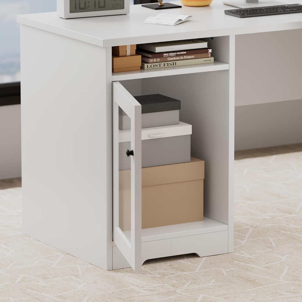 MU L Shaped Desk with File Drawer, 60 Inch Corner Desk with Storage Drawers & Cabinet, Large Home Office Table with Power Outlets, Wood Executive Office Desk, White