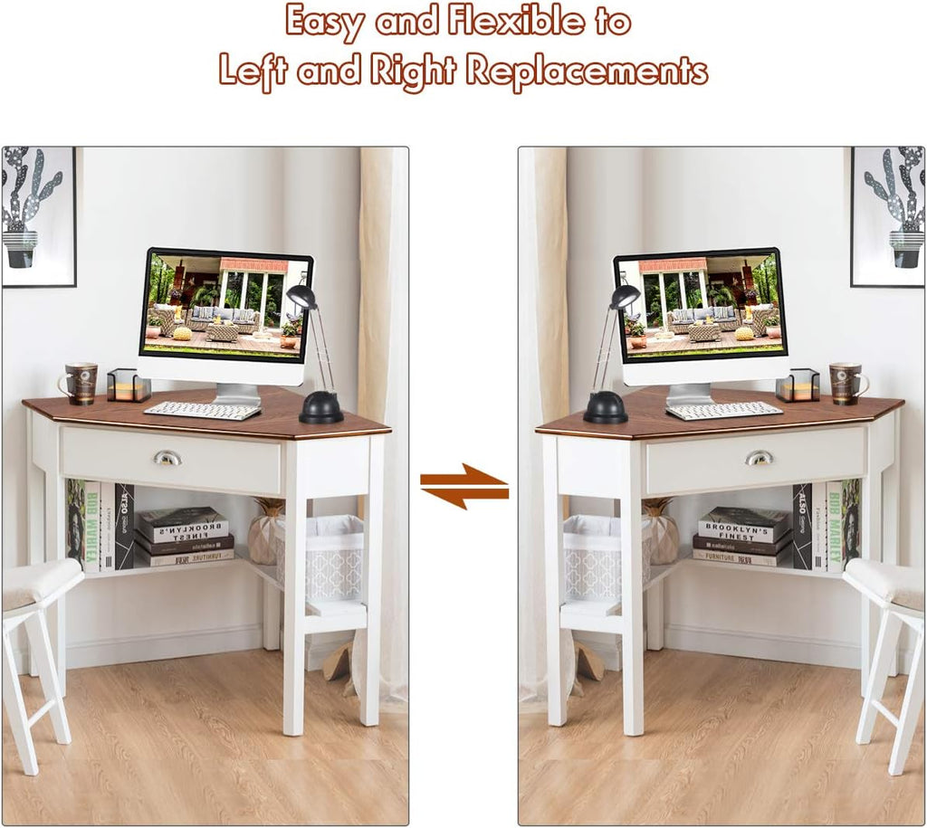 Corner Computer Desk, Space-Saving Corner Table with Drawer & Shelves, Home Office 90° Triangle Corner Workstation, Modern Makeup Vanity Table, Corner Desk for Small Spaces (Natural & White)