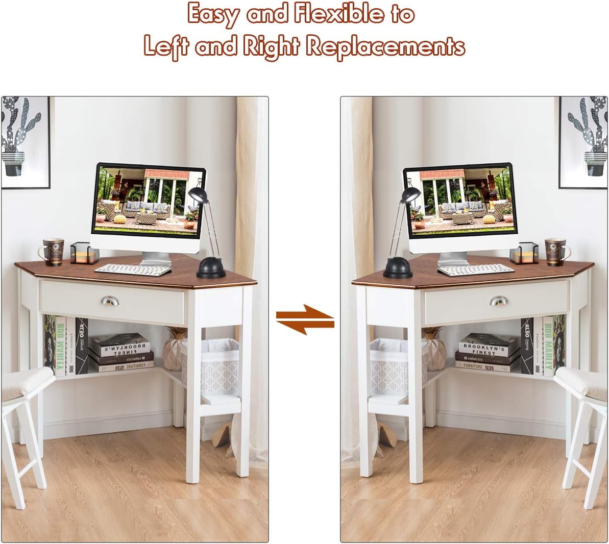 Corner Computer Desk, Space-Saving Corner Table with Drawer & Shelves, Home Office 90° Triangle Corner Workstation, Modern Makeup Vanity Table, Corner Desk for Small Spaces (Natural & White)