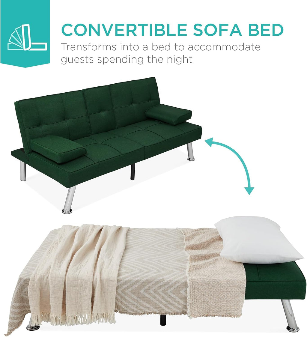 Best Choice Products Linen Modern Folding Futon, Reclining Sofa Bed for Apartment, Dorm w/Removable Armrests, 2 Cupholders - Dark Green