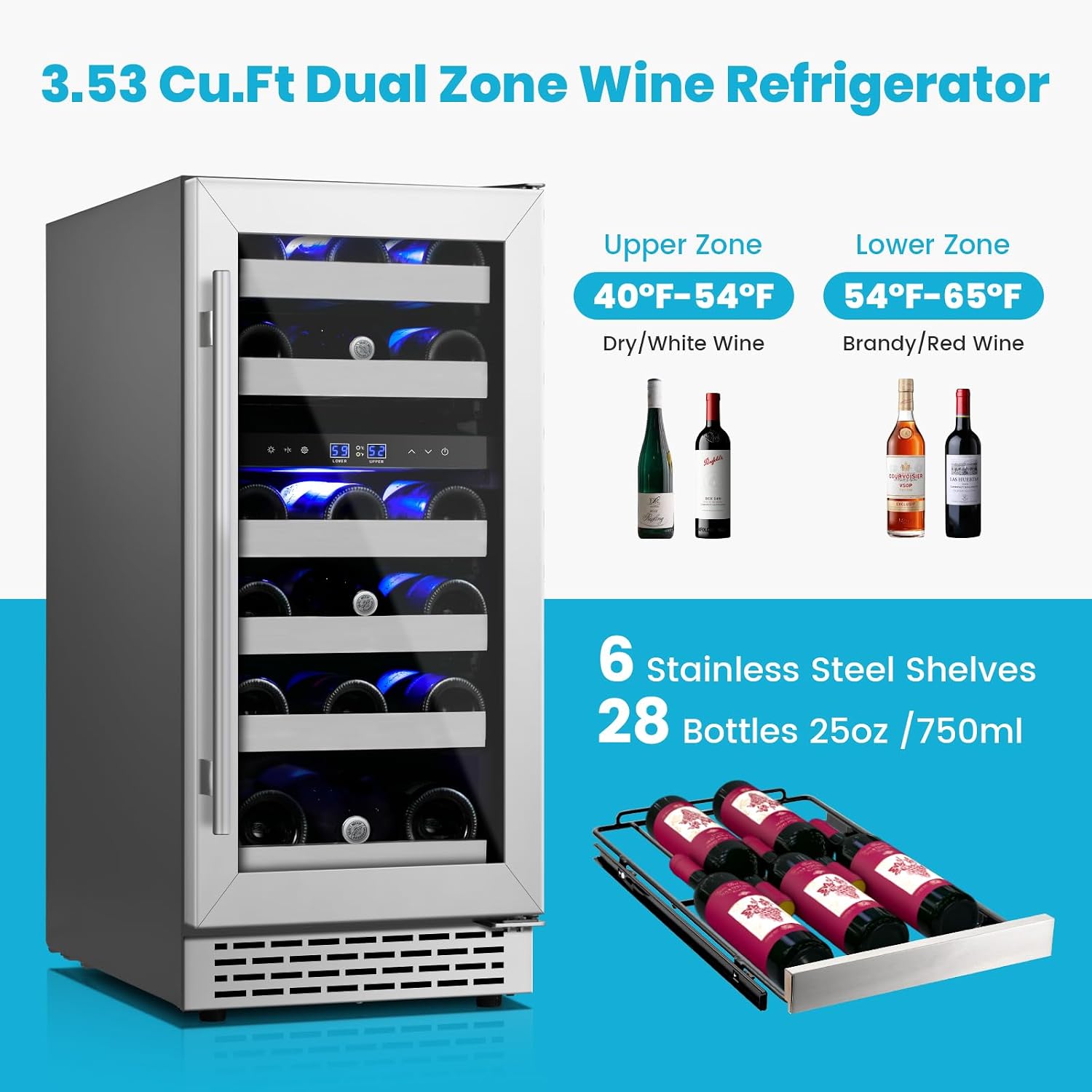 15 Inch Wine Fridge Under Counter, 28 Bottles Dual Zone Wine Cooler Refrigerator, 40-65°F, Stainless Steel Mini Chiller with Double Tempered Glass& Removable Shelves, Freestanding/Built-in