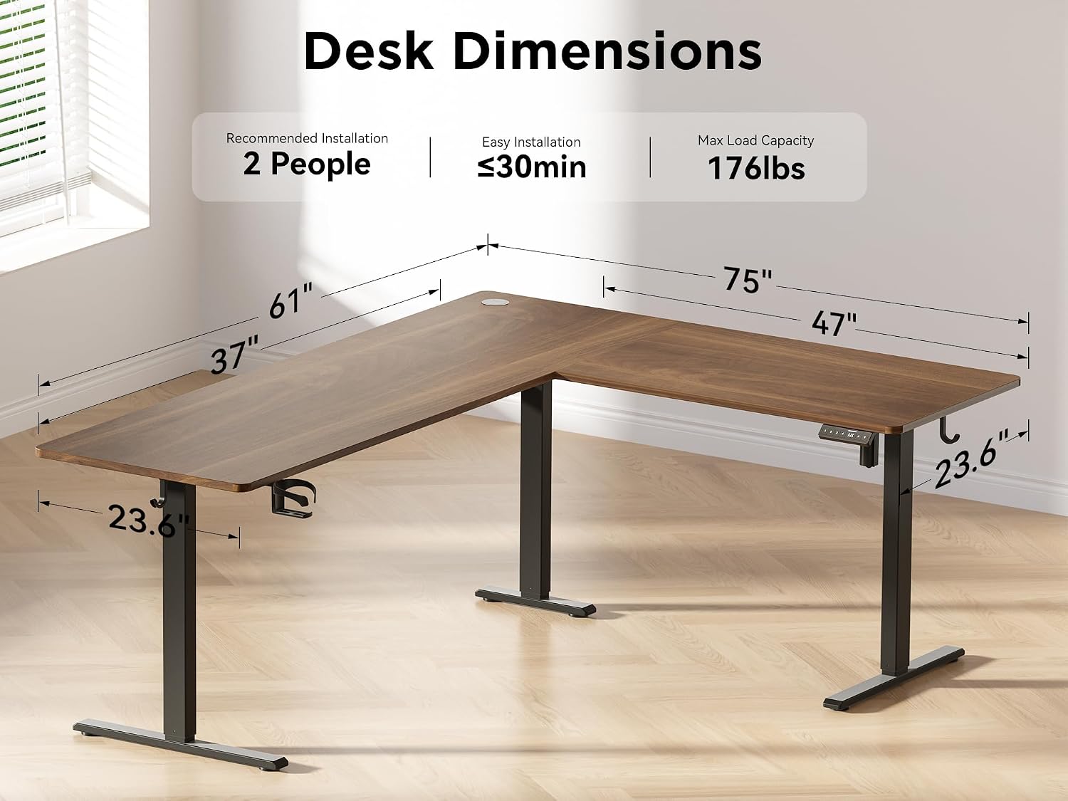 WALKINGDESK 75x61 Inches Reversible L Shaped Standing Desk Height Adjustable with Cup Holder, Electric Corner Computer Workstation for Home Office, Ergonomic Sit Stand up Gaming Desk, Black Walnut