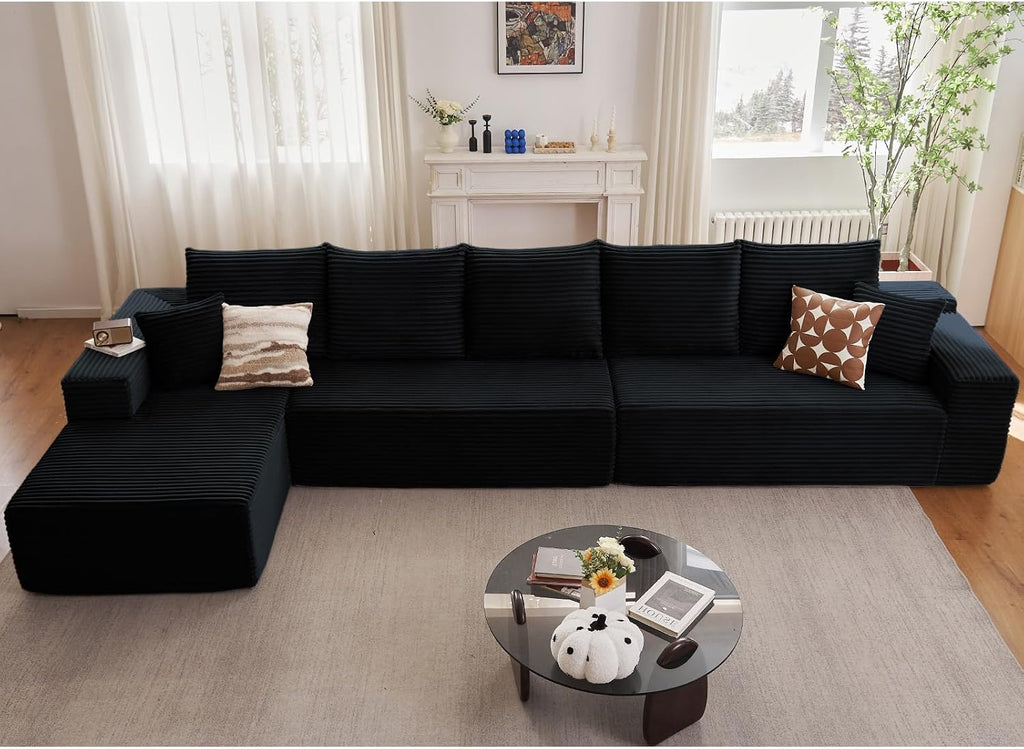 166.9' Cloud Sectional Couch with L-Shape Chaise, Modern Modular Comfy Sofa Chaise Longue, Upholstered Corduroy Couches Sleeper with Deep Seat for Living Room Bedroom, No Assembly Required, Black