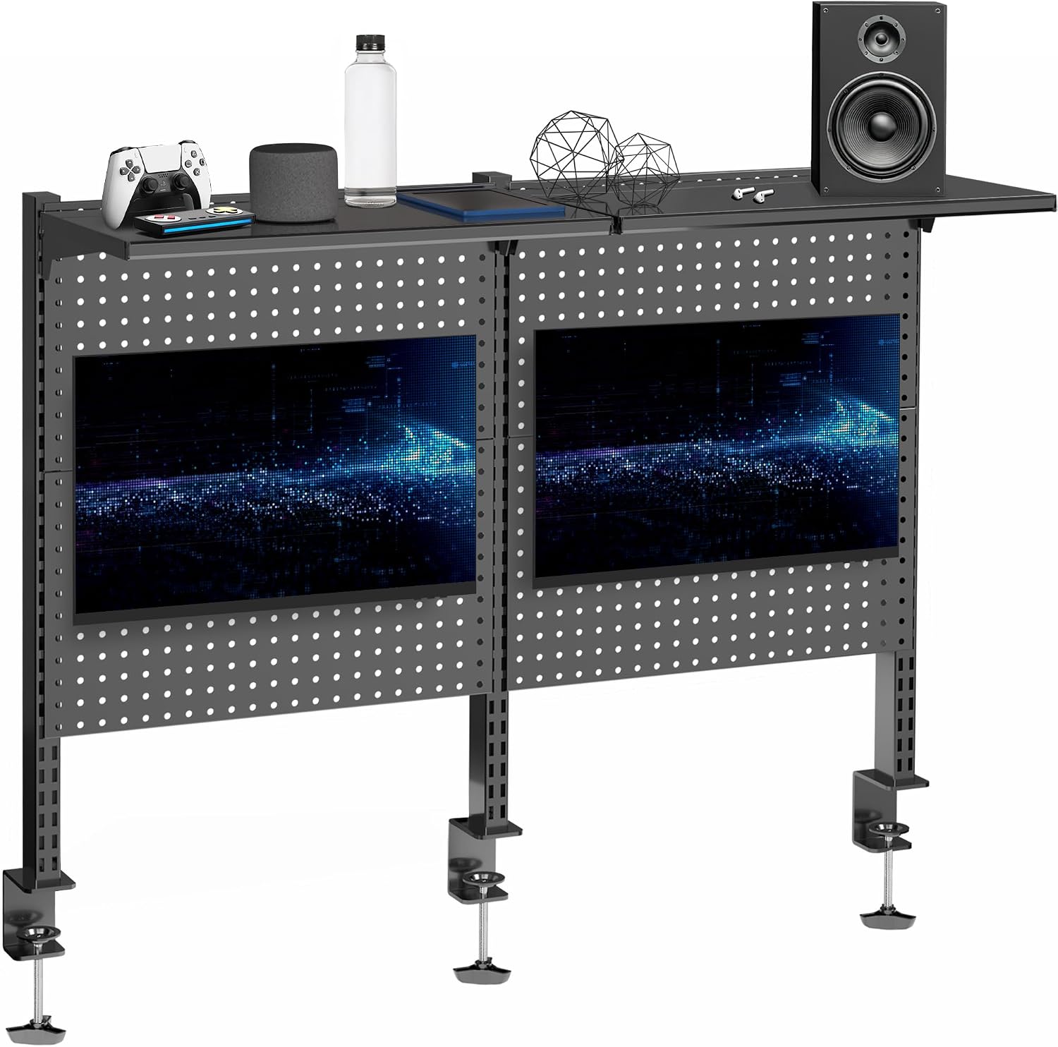 VIVO Steel Triple Clamp 47 x 31 inch Desk Pegboard System with 2 Monitor Mounts and Storage Shelf, Fits up to 32 inch Screens, Office Accessory Organizer, Black, PP-DK48SB