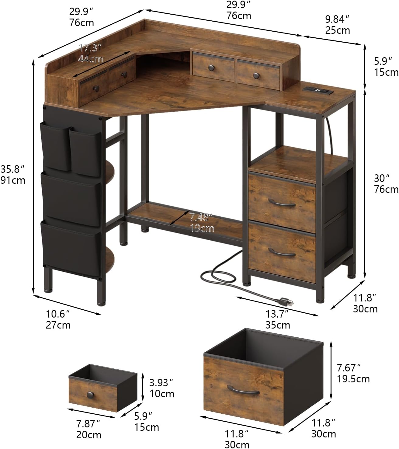 VENNQD Corner Desk with 6 Fabric Drawers Shelves for Small Space Computer Desk with Power Outlets,Gaming Desk with Printer Monitor Stand Storage for Home Office Workstation Writing Table Brown