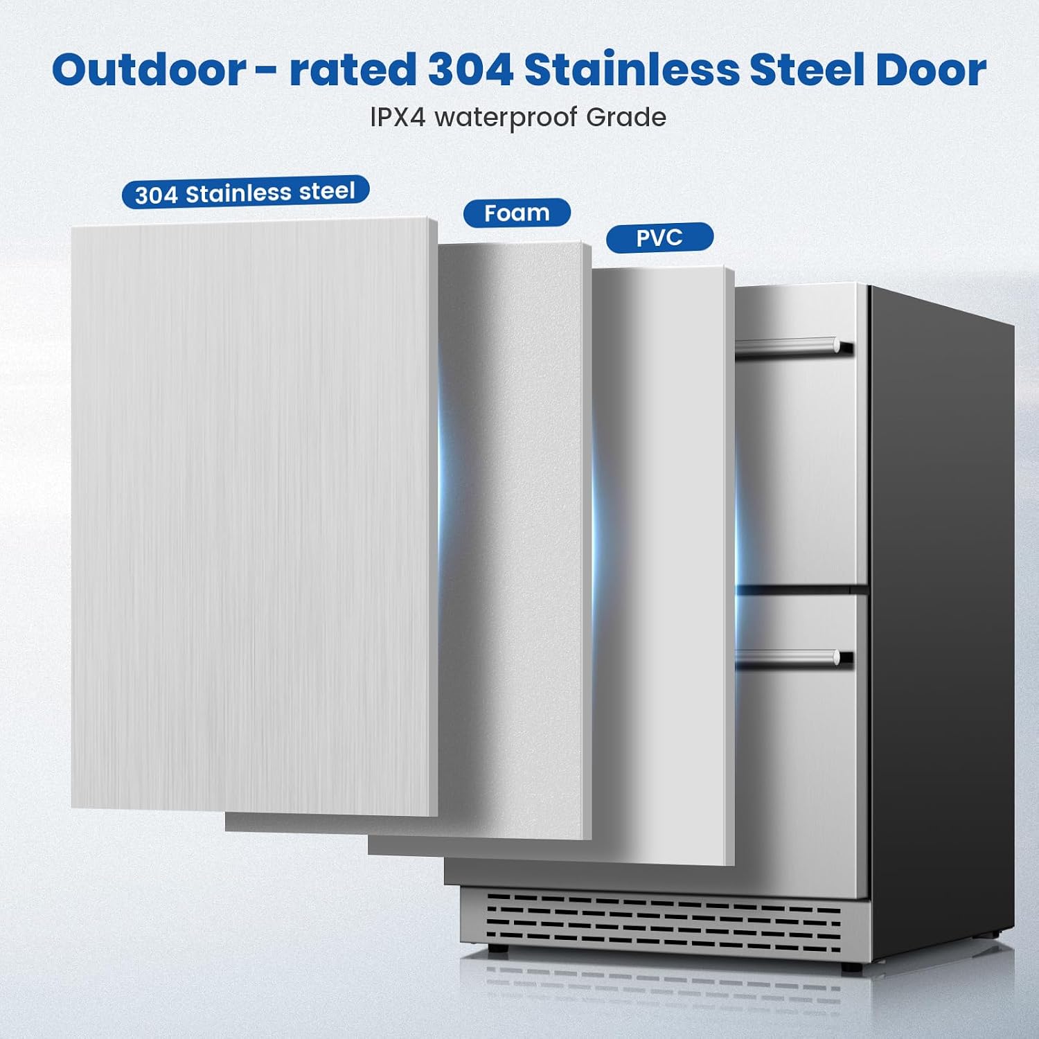 24 Inch Beverage Refrigerator, Under Counter Double Drawer Fridge for Drink Soda Beer, 37-64°F, Freestanding/Built-in Stainless Steel Beverage Cooler for Home Outdoor Commercial Use