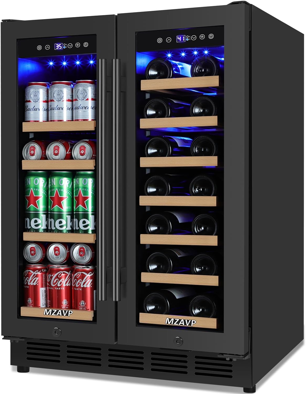 Wine and Beverage Refrigerator 24', Upgraded Dual Zone Wine Beverage Cooler with Glass Door and French Door, Large Capacity Beer Fridge Holds 21 Bottles & 88 Cans, Built-In or Freestanding - Black