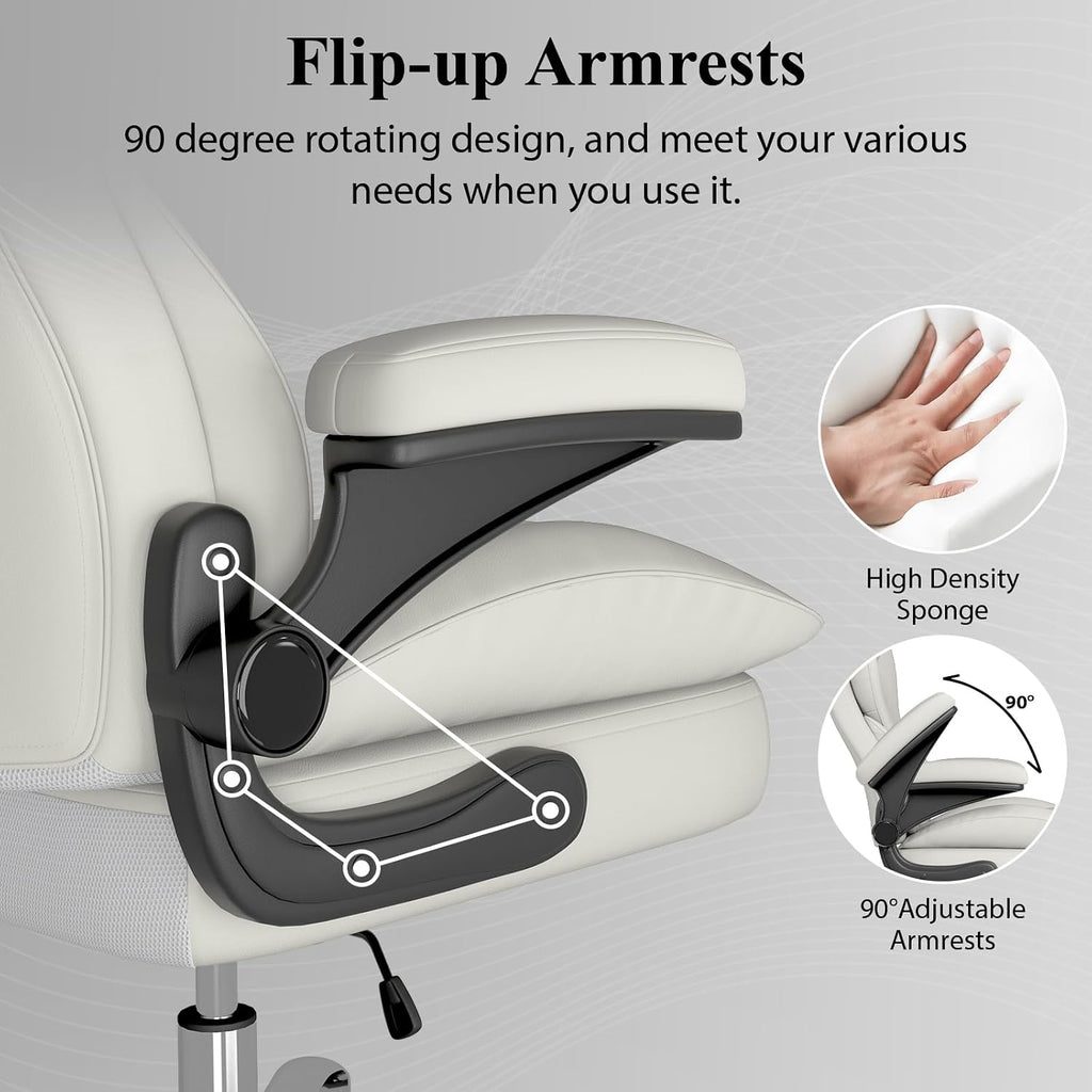 Office Desk Chair, Executive Leather Office Chair, High Back Ergonomic Home Desk Chair with Padded Flip-up Arms, Big and Tall Computer Chair with Rocking Function, 360°Swivel Free, White