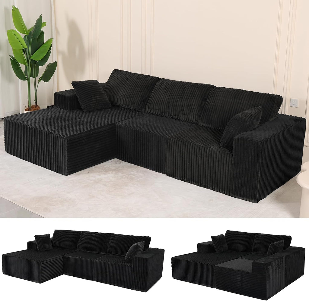 L Shaped Modular Boneless Sectional Couches for Living Room, Wide Armrest, Deep Seat, Memory Foam, Assembly Free, Modern Comfy Corduroy Fluffy Cloud Sofa with Left Chaise, Black