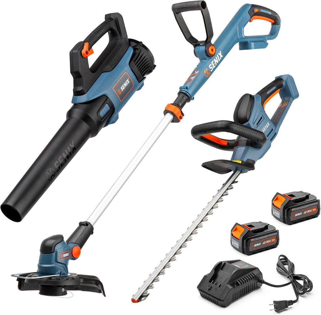 SENIX X2 20 Volt Max* 3-Piece Cordless Power Tool Combo Kit with Battery Powered 10' String Trimmer, Variable Speed Leaf Blower, 21' Hedge Trimmer, Includes 2 Batteries & Battery Charger (S2K3B2-01)