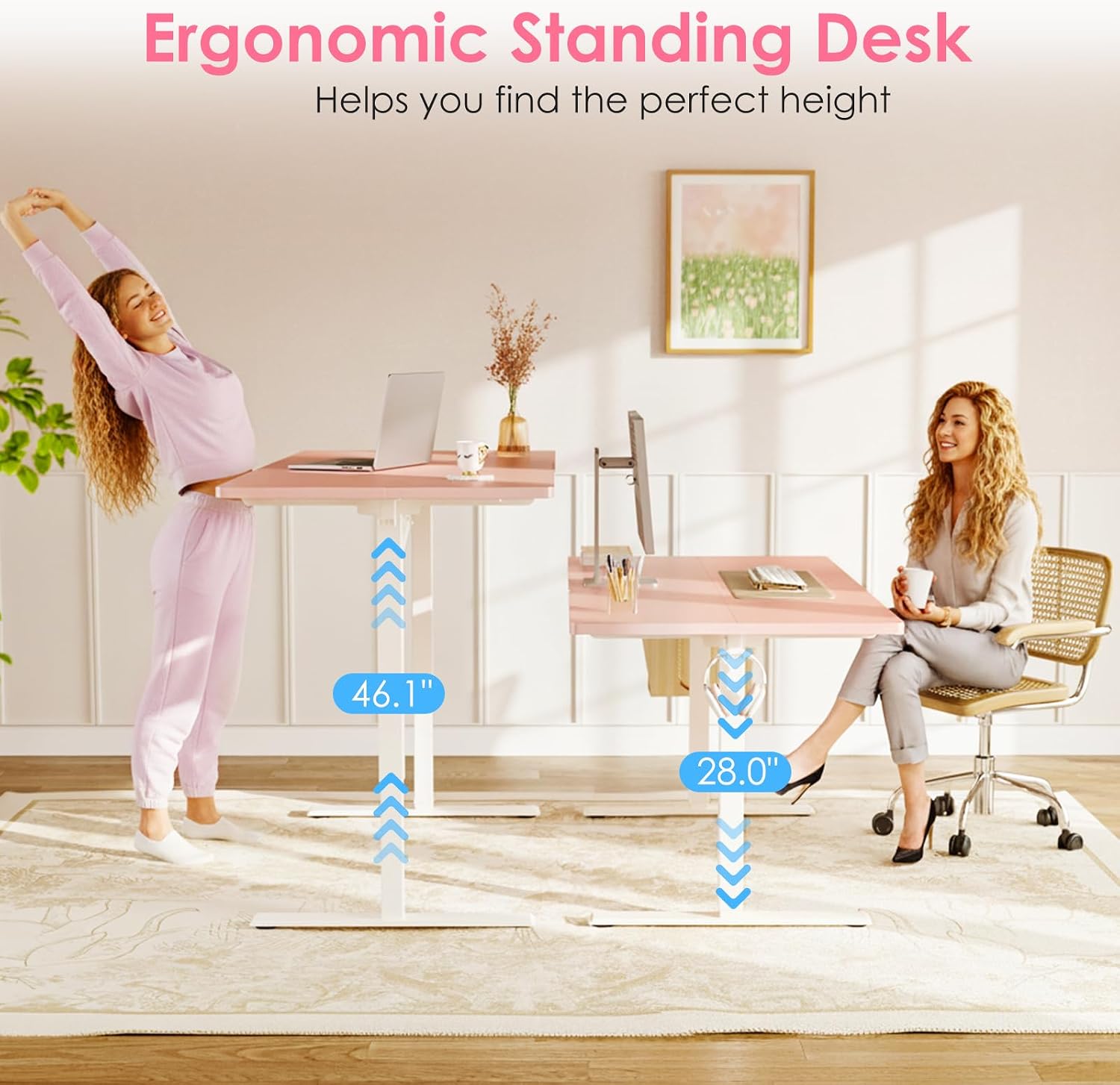 OffiGo Electric Height Adjustable Standing Desk, 40 Inch Pink Computer Desk for Women Girls, Sit Stand Table for Home, Office, Bedroom