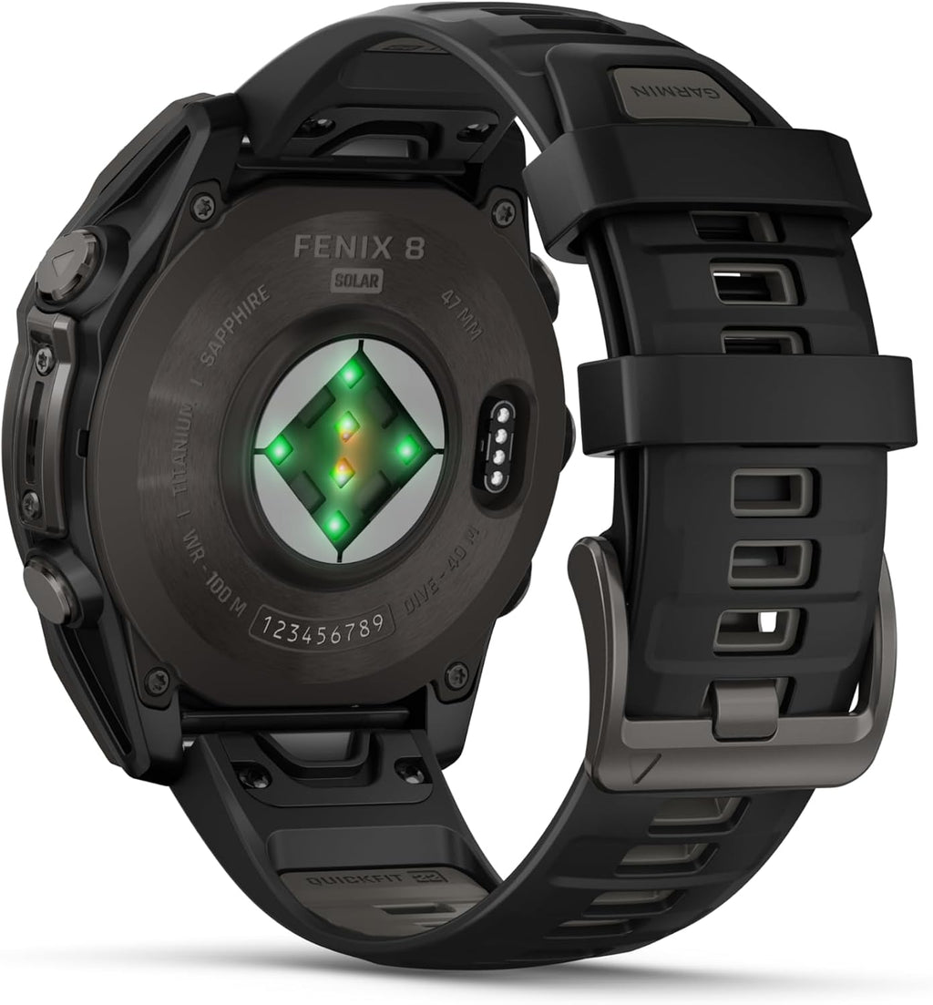 Garmin Fenix 8 47 mm, Multisport GPS Smartwatch, Solar, Sapphire, Carbon Gray DLC Titanium with Black/Pebble Gray Silicone, Built-in LED Flashlight, Voice Control White Earbuds Bundle