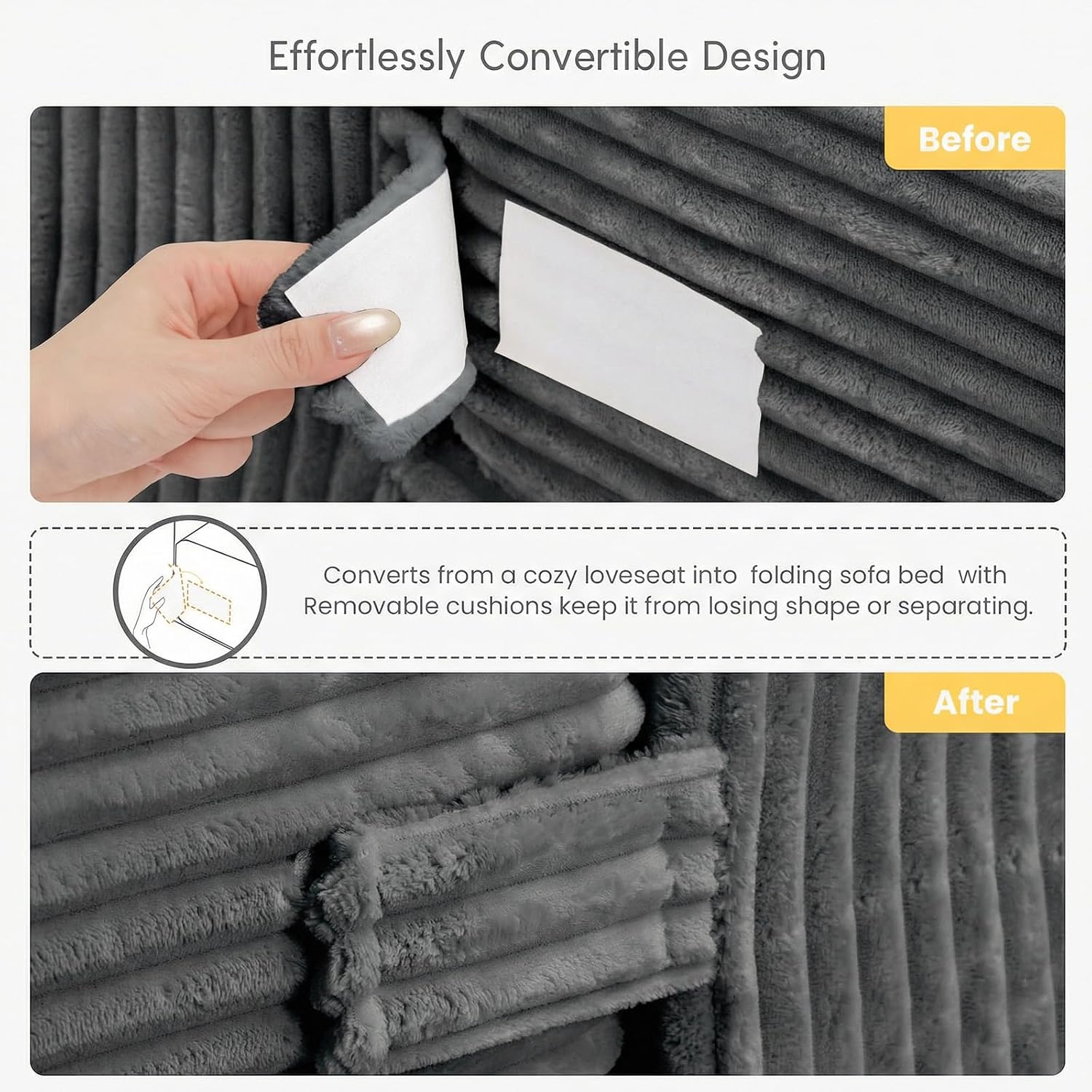 cidludto Boneless Couch Loveseat Sleeper, Convertible Sofa Bed Folding Couch Bed Foldable, 2 in 1 Boneless Chair Bed & Futon Sofa Bed, Small Pull Out Sofa with 4 Pillows for Living Room, Grey | No Assembly, Convertible, 2 in 1, Pull Out Handle, 4 Pillows