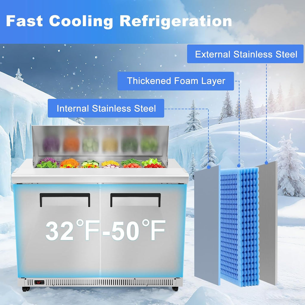 Tylza 48' Commercial Refrigerator, 12.7 Cu.Ft Sandwich Salad Prep Table, Mega Top Worktop Fridge w/ 12 Pans & Cutting Board, 2-Door Stainless Steel Salad Prep Cooler for Restaurant & Food Truck