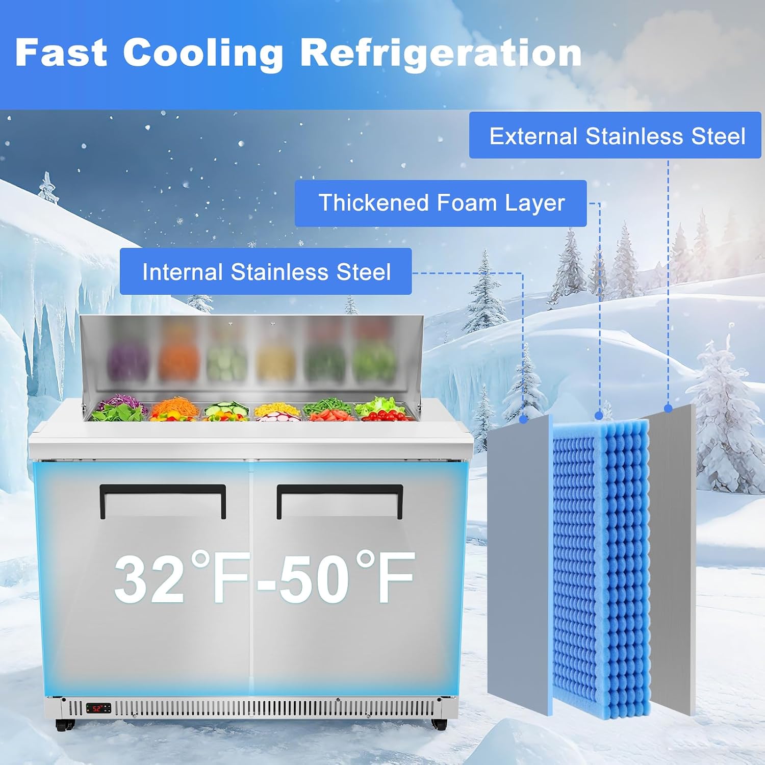 Tylza 48' Commercial Refrigerator, 12.7 Cu.Ft Sandwich Salad Prep Table, Mega Top Worktop Fridge w/ 12 Pans & Cutting Board, 2-Door Stainless Steel Salad Prep Cooler for Restaurant & Food Truck