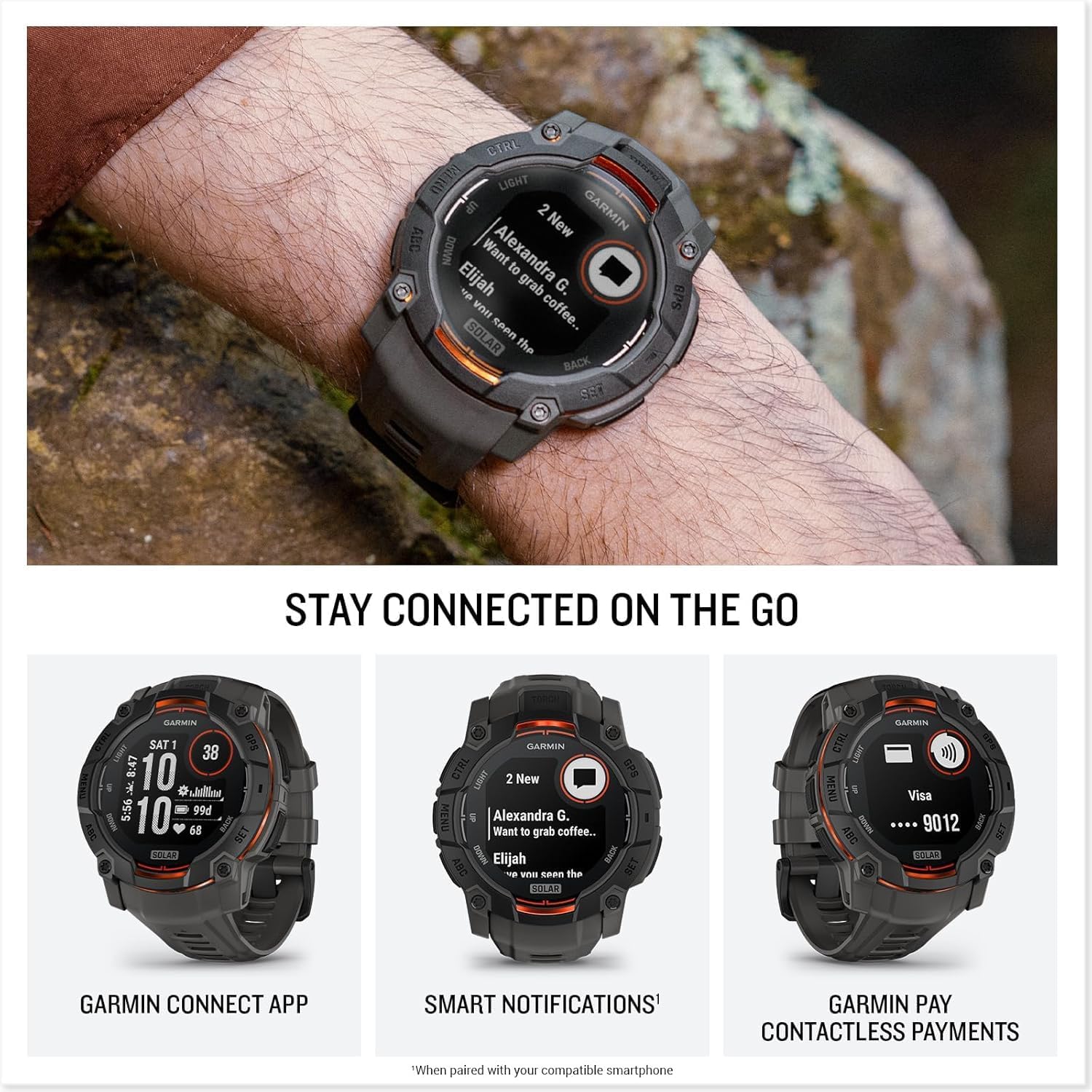 PlayBetter Garmin Instinct 3 Solar 50mm (Black/Charcoal) Rugged Outdoor GPS Smartwatch Bundle - Metal Bezel, Built-in Flashlight, Unlimited Battery Life Portable Charger & HD Screen Protectors