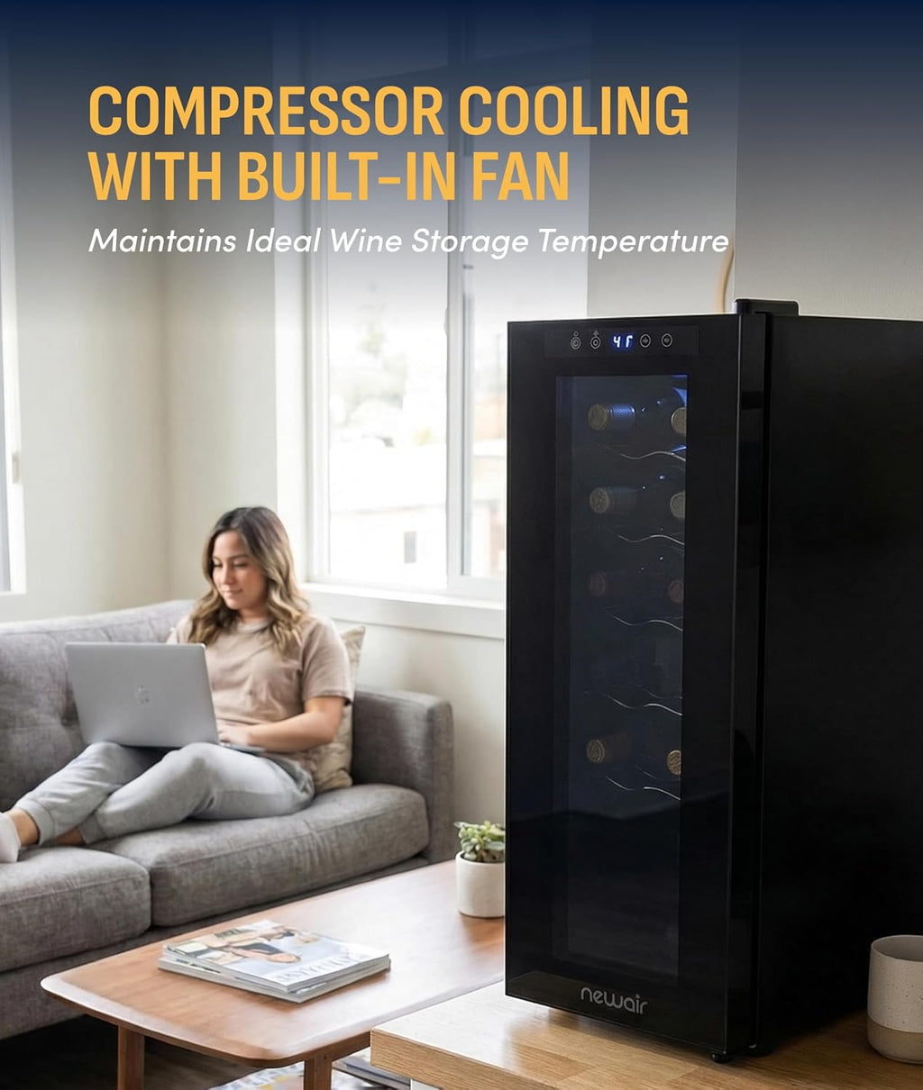 NewAir 10' Wine Fridge for 12 Bottles | Freestanding Wine Cooler Refrigerator with Glass Door | Compact Countertop Storage with Precision Cooling & Quiet Operation | Black