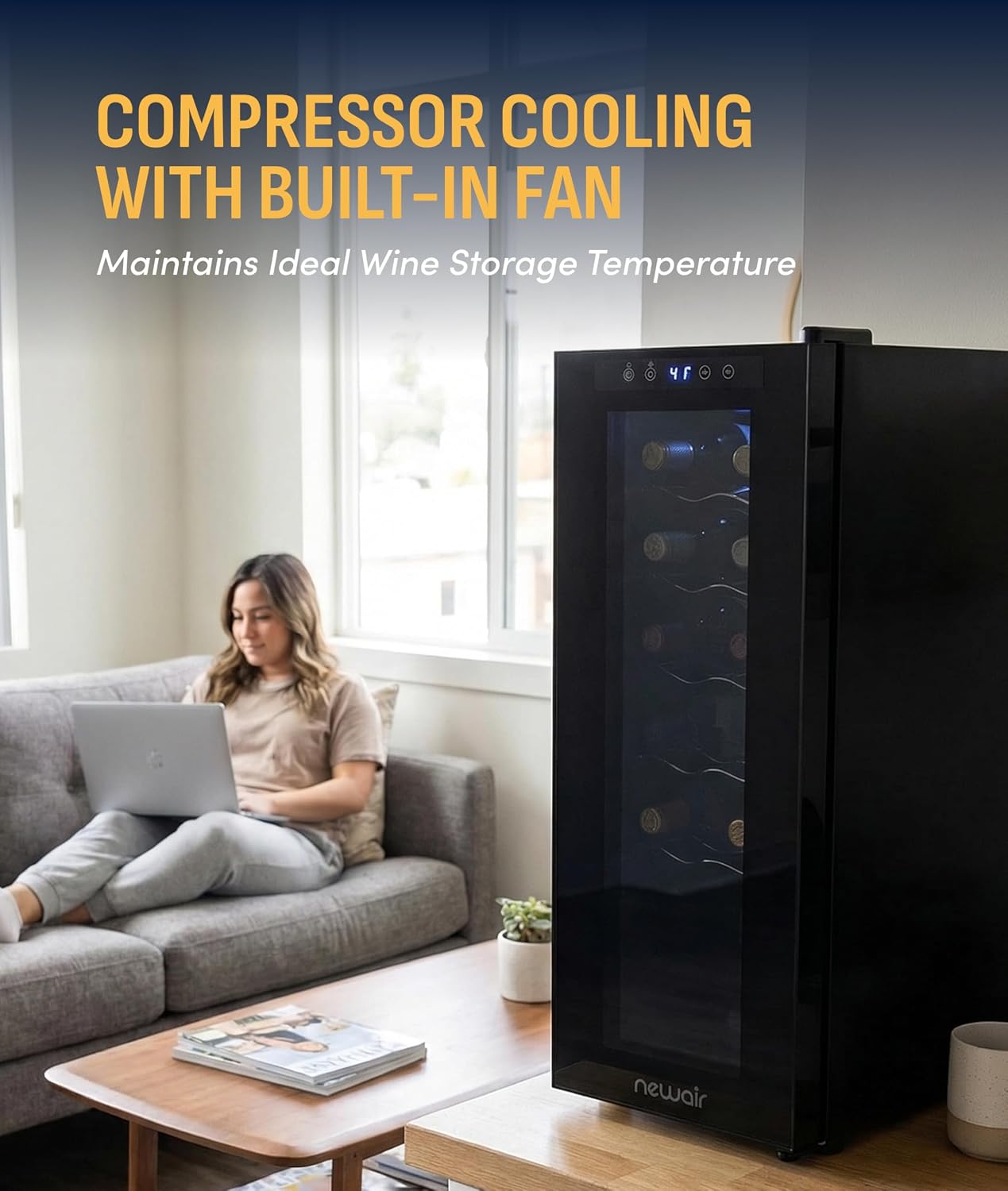 NewAir 10' Wine Fridge for 12 Bottles | Freestanding Wine Cooler Refrigerator with Glass Door | Compact Countertop Storage with Precision Cooling & Quiet Operation | Black