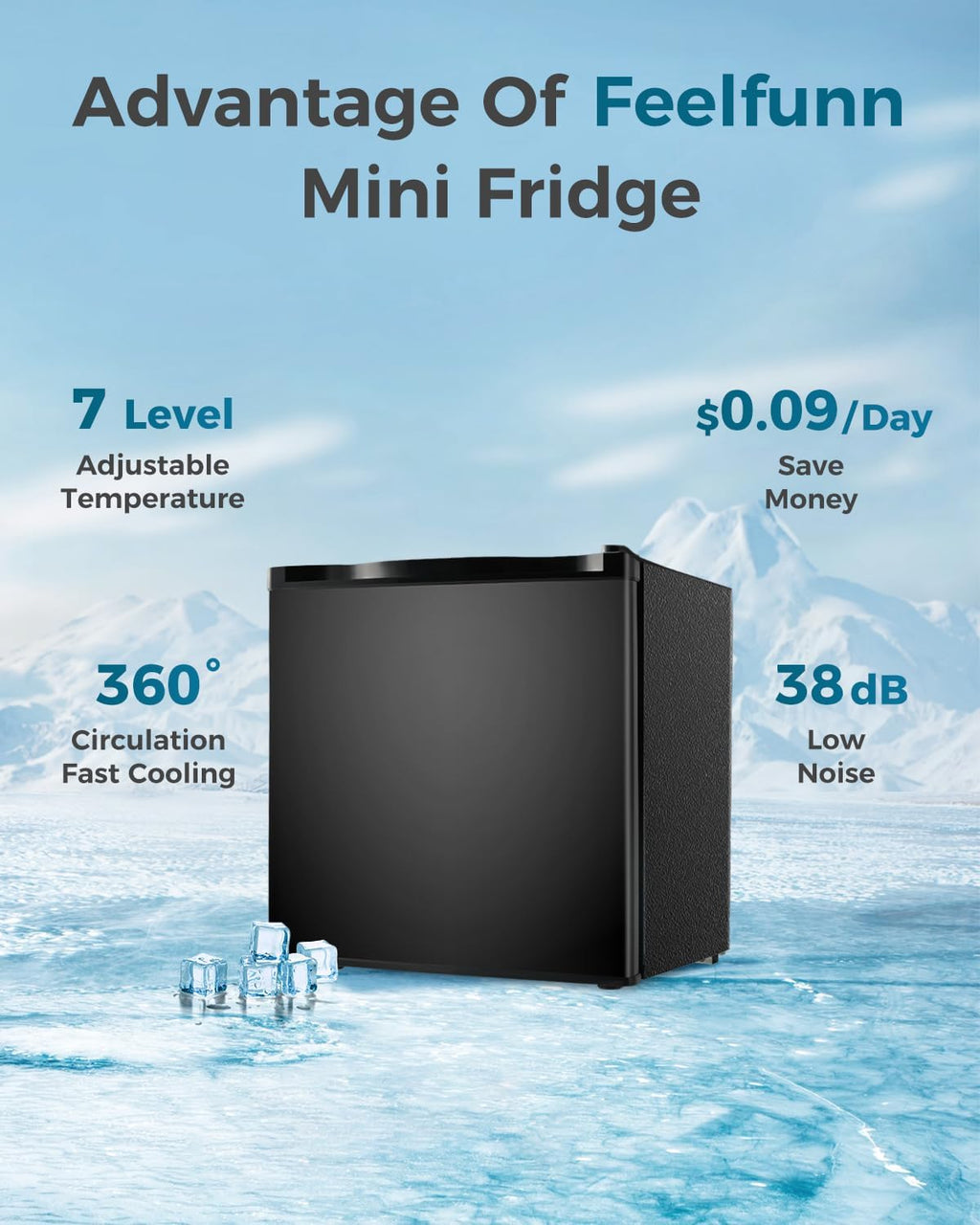 Feelfunn Mini Fridge with Freezer - 1.7 Cu.Ft Single Door Mini Refrigerator with Adjustable Thermostat, Energy Saving, Low Noise, Small Fridge for Bedroom, Office, Dorm, Apartment, Classroom - Black