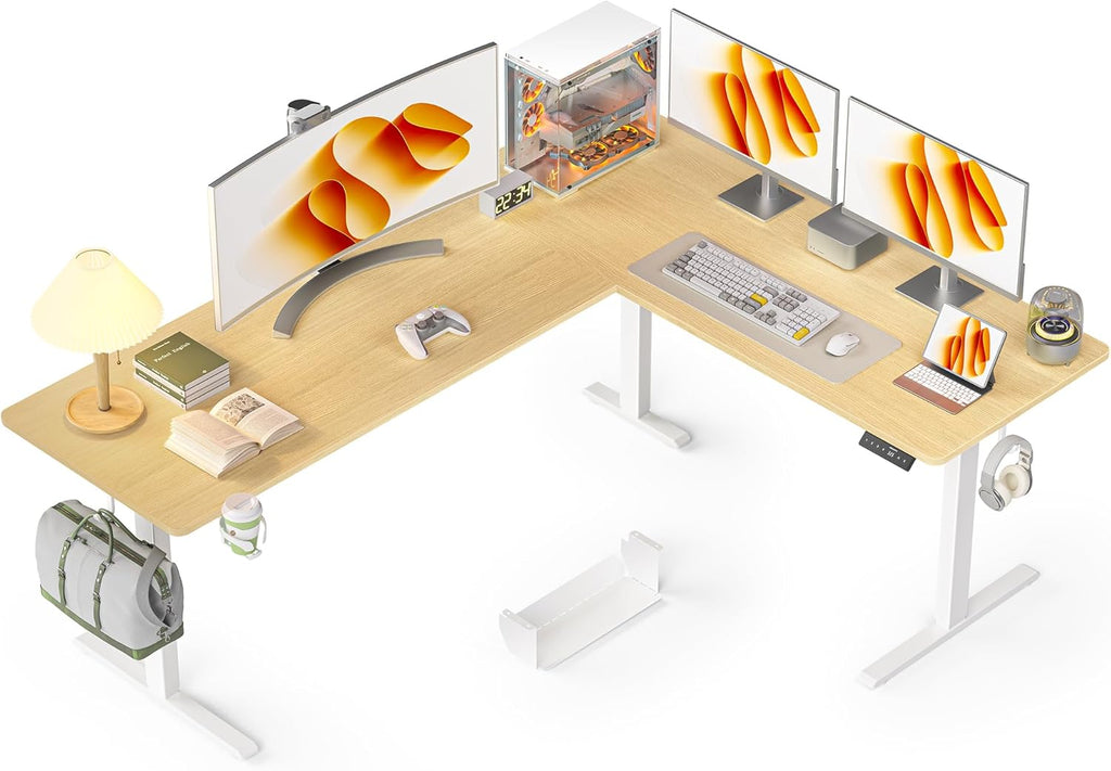 WALKINGDESK 75x61 Inches Reversible L Shaped Standing Desk Height Adjustable with Cup Holder, Electric Corner Computer Workstation for Home Office, Ergonomic Sit Stand up Gaming Desk, Oak
