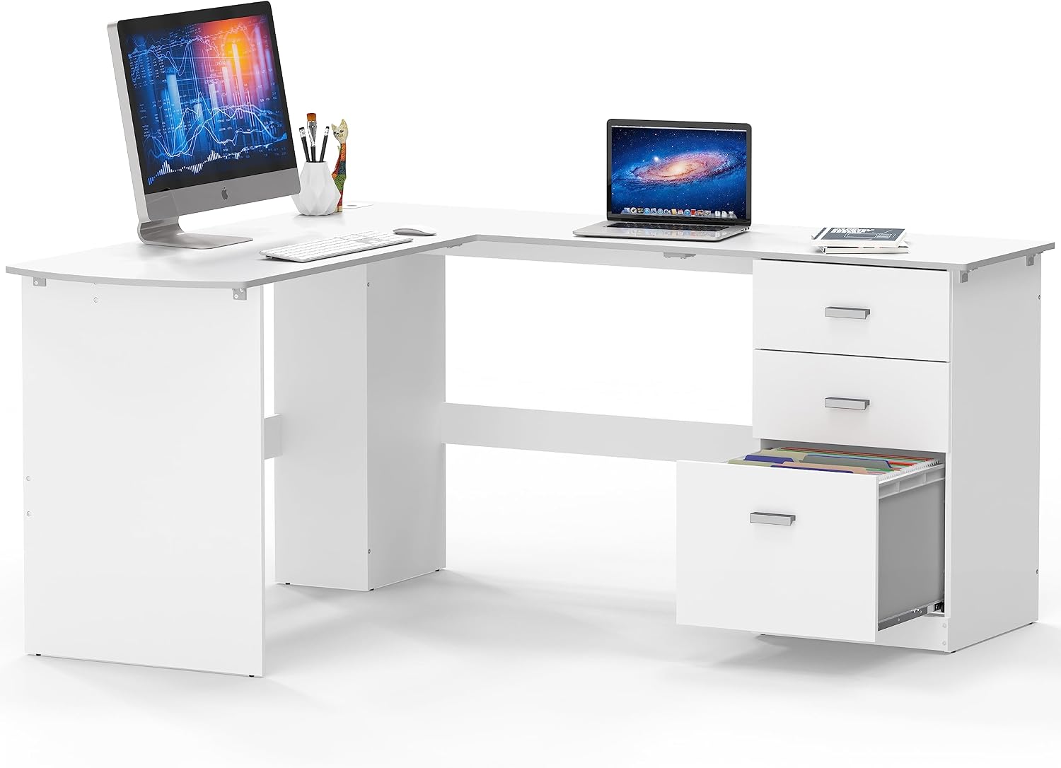 SHW 51 x 59 Inches L-Shaped Home Office Wood Corner Desk with Box Box File Drawers, White