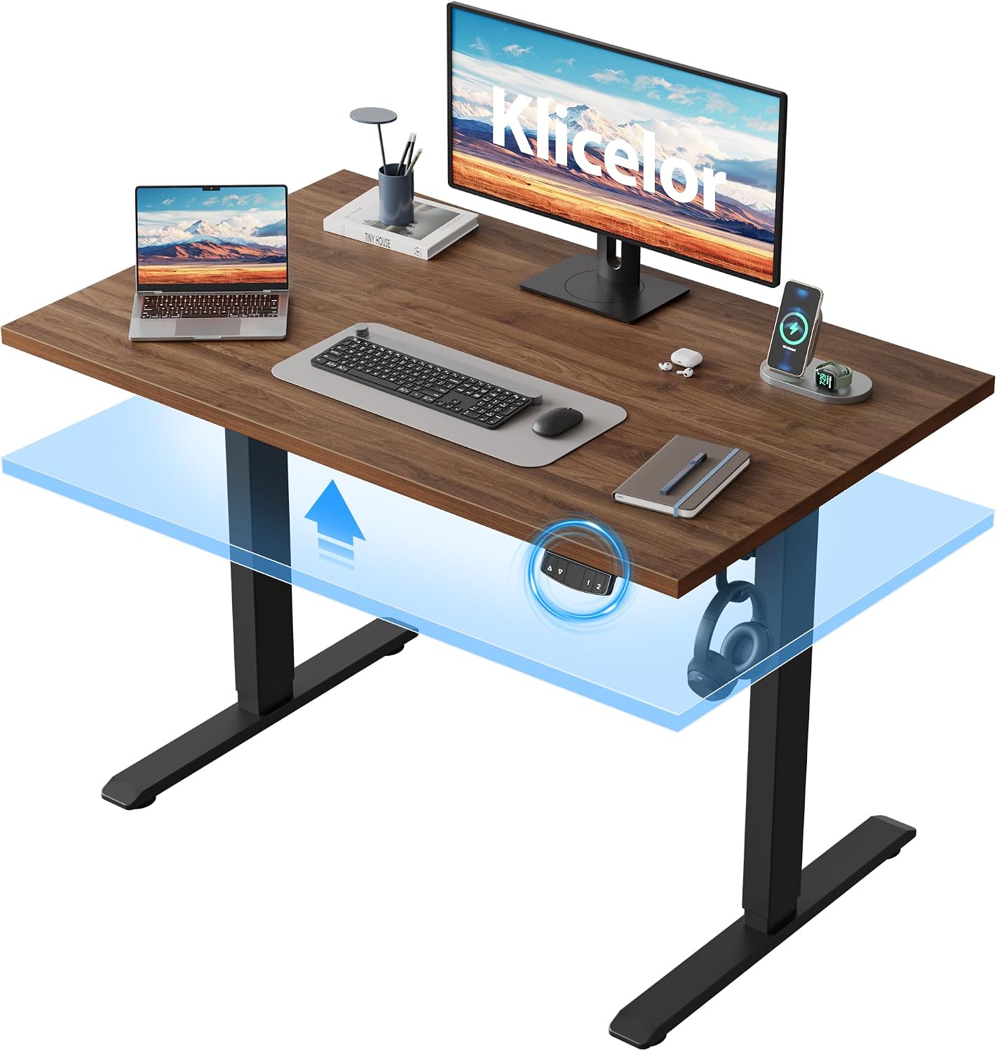 Klicelor 40 Inch Electric Standing Desk, Height Adjustable Office Desk, Sit Stand Up Computer Desk with Memory Preset, Two-Piece Desktop, Dark Walnut
