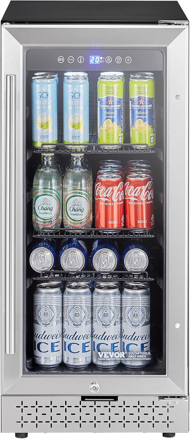 VEVOR Beverage Refrigerator Cooler, 88 Can Beverage Fridge, Mini Fridge with Glass Door, Adjustable Shelves, Digital Temperature Control, Built-in or Freestanding Soda Beer Fridge for Home Office Bar