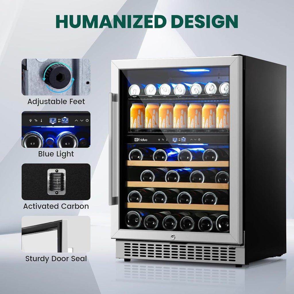 24 Inch Beverage Refrigerator,30 Bottles & 82 Cans Dual Zone Beverage Fridge Built-In or Freestanding With Glass Door for Soda, Wine, Water - For Kitchen, Bar Or Office