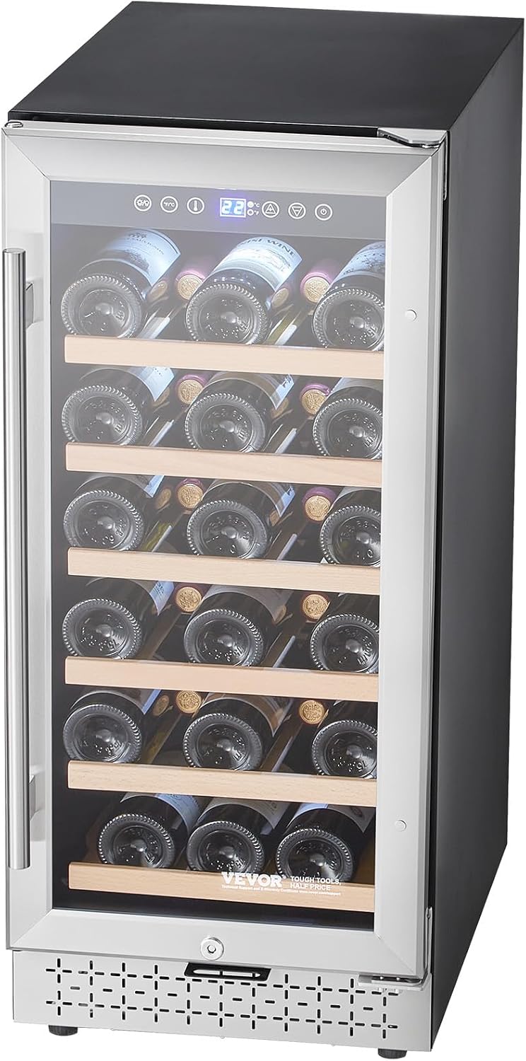 VEVOR YC-100A, 28, Mini Wine Refrigerator with Glass Door, Adjustable Shelves, Digital Temperature Control, Built-in & Freestanding Cooler Fridge for Home, Office, Bar, 32 Bottle, Sliver