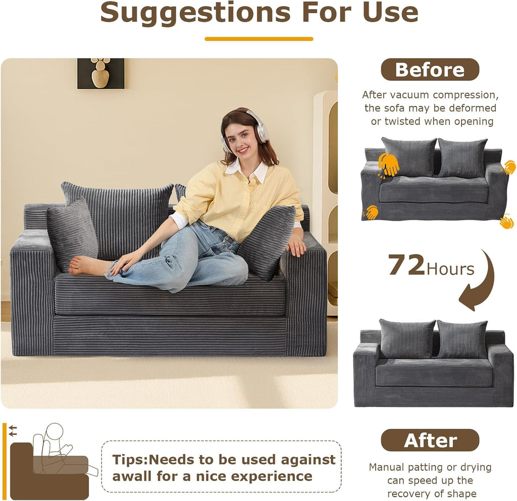 cidludto Convertible Sofa Bed, 3 in 1 Loveseat Folding Couch Bed Foldable - Chaise Lounge Chair & Floor Futon Sleeper, Corduroy Pull Out Sofa Bed with 4 Pillows for Living Room, Beige