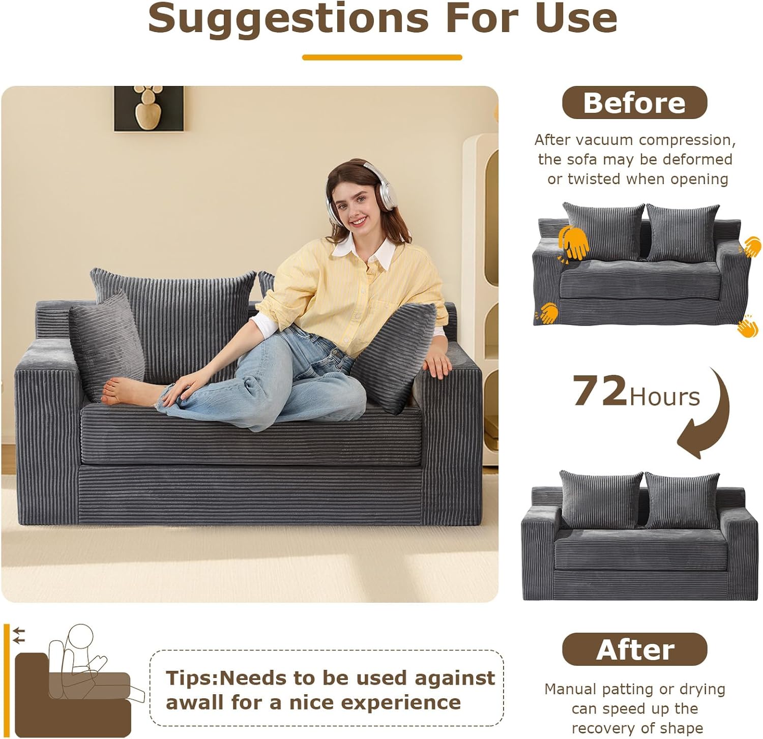 cidludto Convertible Sofa Bed, Boneless Loveseat Folding Couch Bed Foldable - 3 in 1 Small Ccouch & Futon Sofa Sleeper, Corduroy Pull Out Couch with 4 Pillows for Living Room, Black