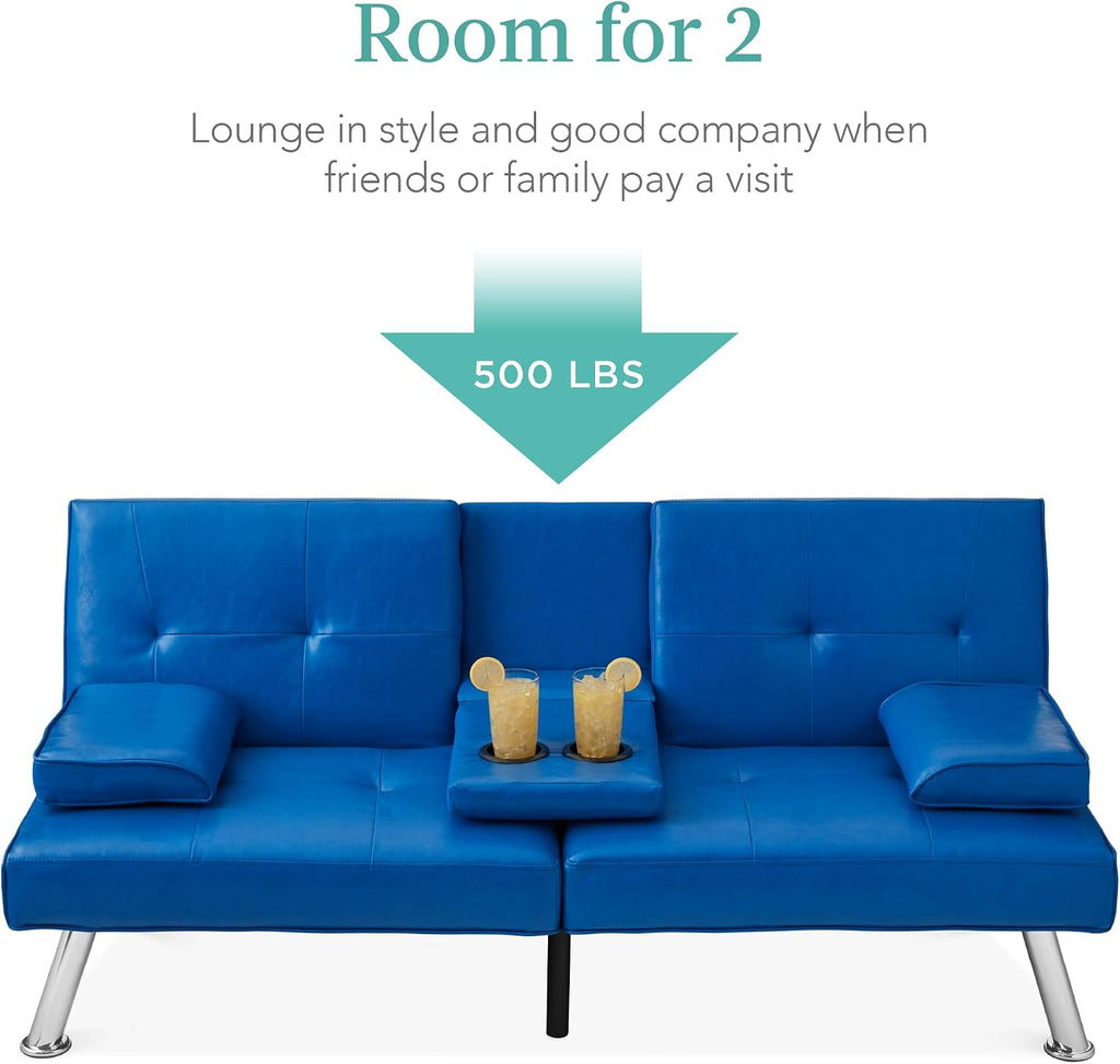Best Choice Products Faux Leather Upholstered Modern Convertible Futon, Adjustable Folding Sofa Bed, Guest Bed w/Removable Armrests - Royal Blue