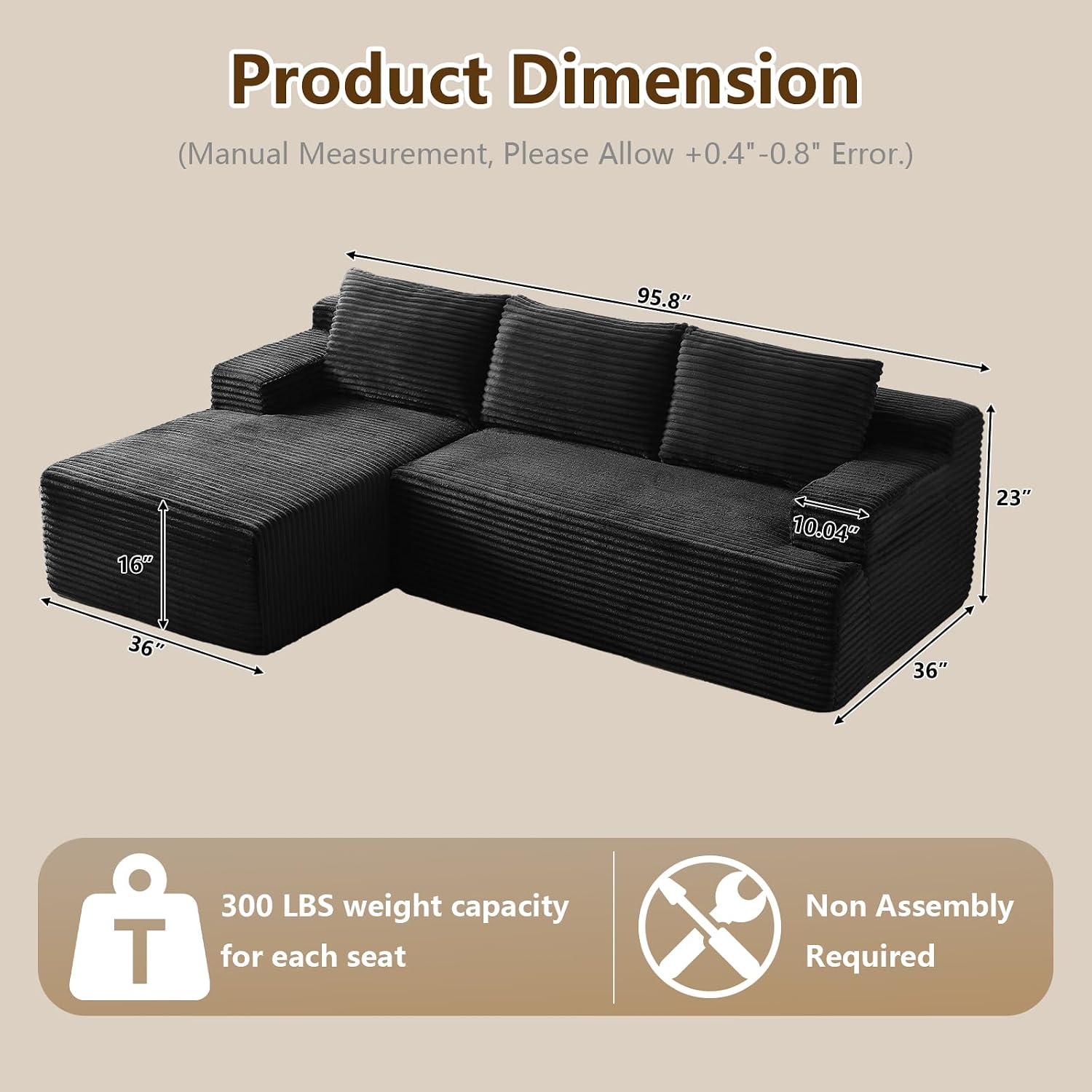 96' Modular Sectional Sofa Couches L-Shape Couch 3 Seat Modular Sofa Corduroy Memory Foam Sectional Boneless Couches for Living Room, Cloud Couch with Oversized Chaise(Black, Left Facing)
