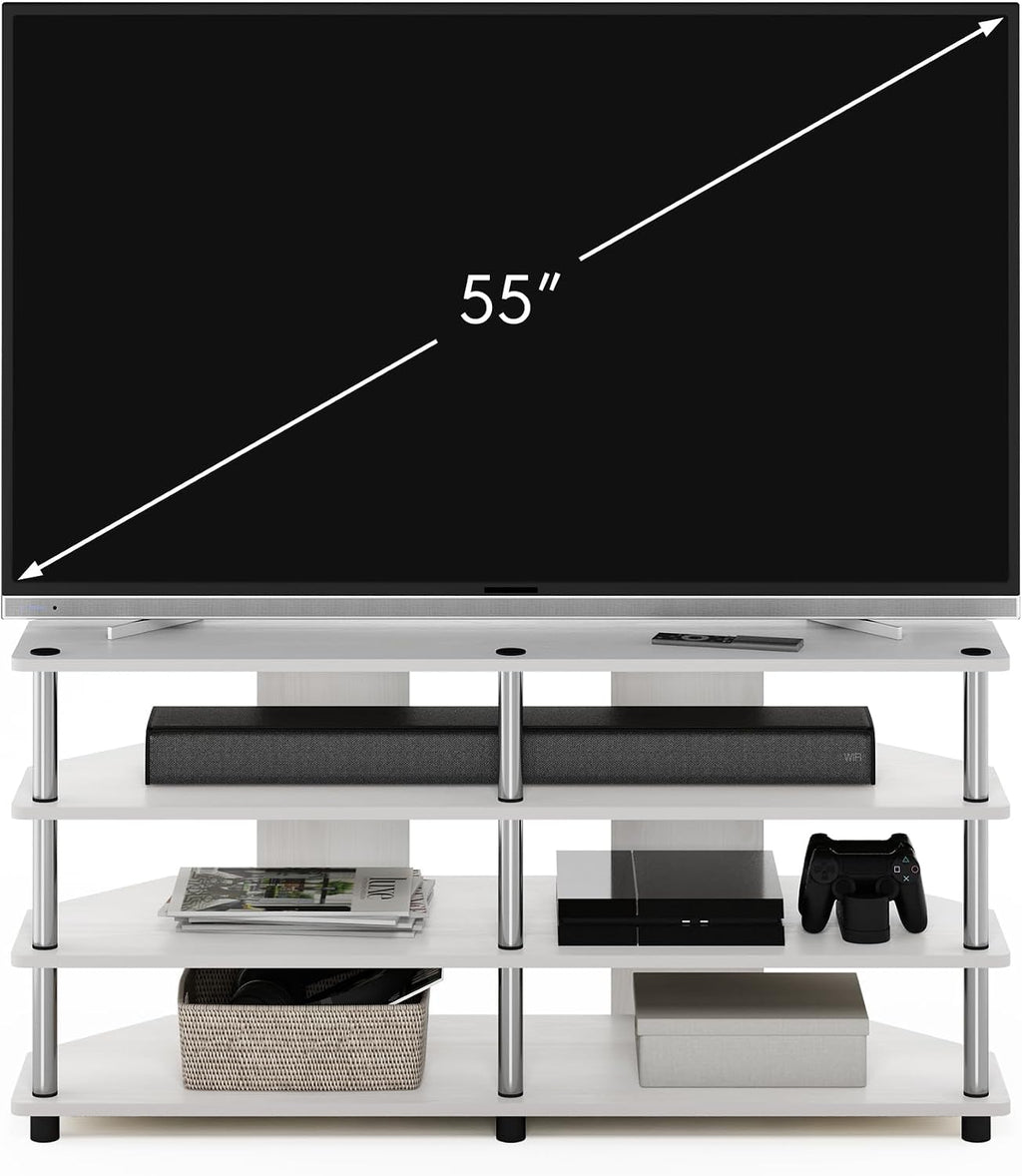 Furinno ECON TV Stand, 4-Tier Wide Corner Entertainment Center, TV Console for TV up to 55 Inch, Easy Assembly, for Living Room, Bedroom, White Oak/Stainless Steel Tubes