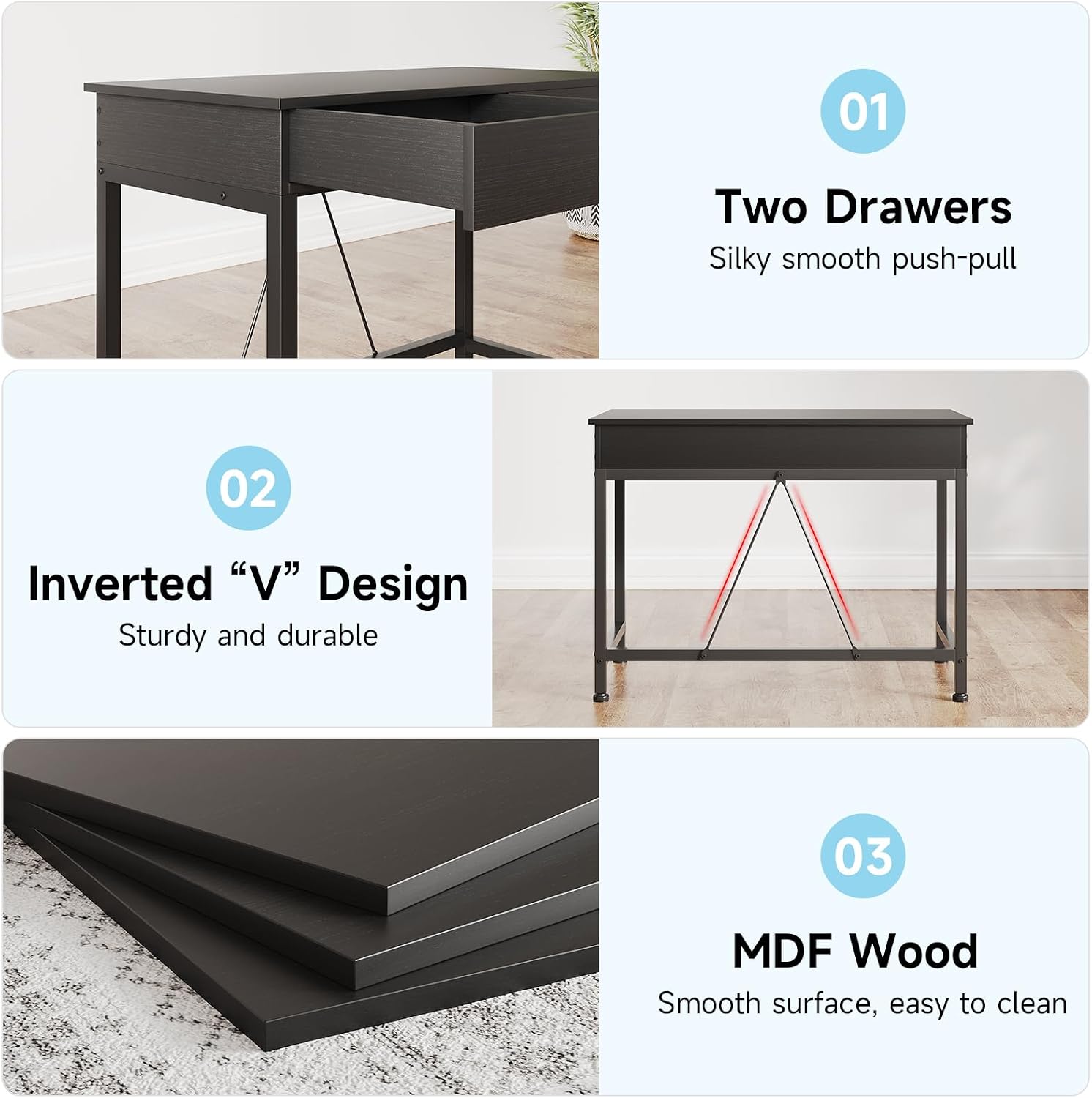 Mexin Small Black Desk with 2 Wooden Drawers, 40 Inch Home Office Writing Desk, Black Vanity Desk with Storage, Computer Desk for Bedroom Small Spaces, Table for Office, Work, Kids Study, Makeup