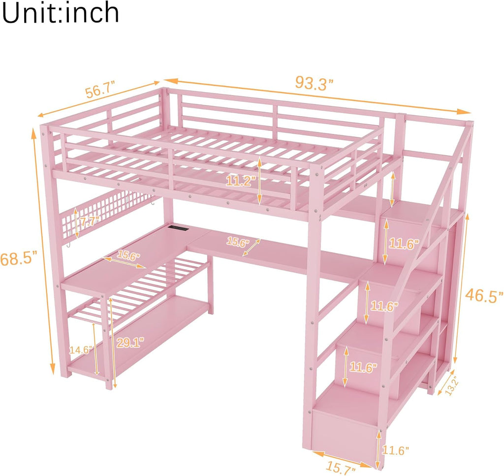 Full size Loft Bed with LED Light and Stairs, Metal Loft Bed Frame with Desk, Storage Drawers & Shelves, Hanging Rod, Gaming Lofts Beds with Charging Station for Adults Teens Kids Gamer, Pink
