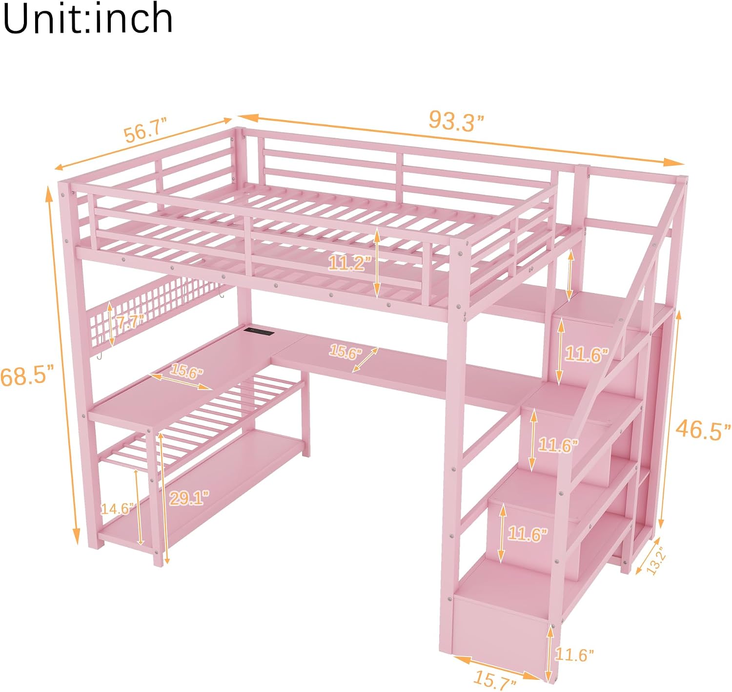 Full size Loft Bed with LED Light and Stairs, Metal Loft Bed Frame with Desk, Storage Drawers & Shelves, Hanging Rod, Gaming Lofts Beds with Charging Station for Adults Teens Kids Gamer, Pink