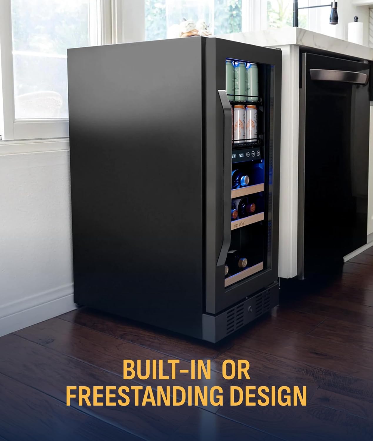 NewAir 15' Wine and Beverage Refrigerator 9 Bottle and 48 Can Capacity, Beverage Cooler in Stainless Steel, Built-in or Freestanding Dual Zone Drink Fridge with Triple-Pane Glass Door