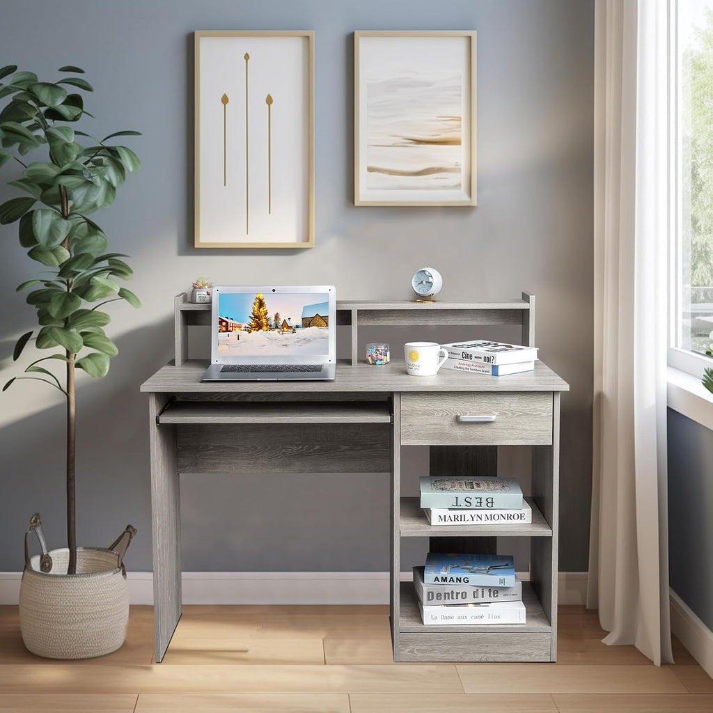 Karl home Computer Desk Study Writing Desk, Wooden Home Office Workstation PC Laptop Table with Drawer Shelf Keyboard Tray, Grey